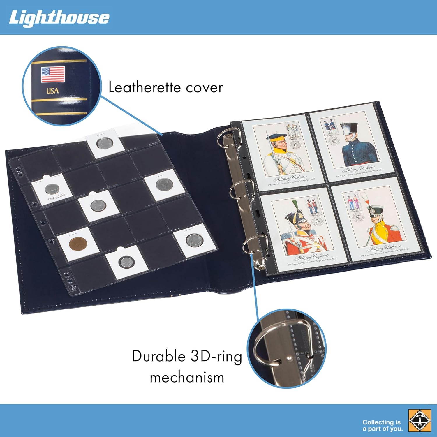 LIGHTHOUSE - GRANDE Classic Coin Album 3-Ring Binder for Grande and ENCAP Pages - With USA Emblem and Matching Slipcase