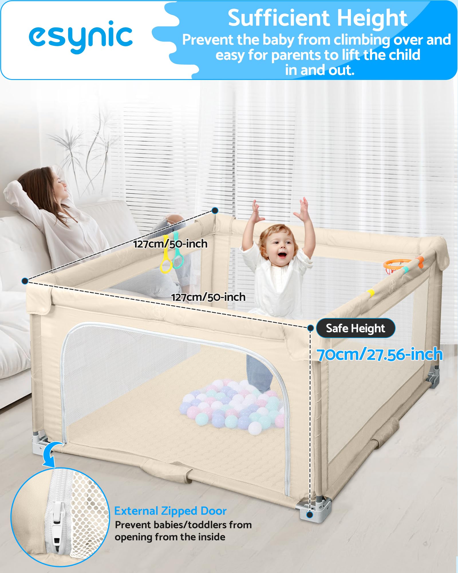 eSynic Parque Bebé Plegable 127x127cm Corralito Bebé Grande Playpen Bebé Interior Exterior Centro Actividades con Colchoneta Acolchada 50 Bolas Piscina Estructura Metal Asas y Canasta Portátil Beige