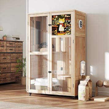 Nyeekoy Large Wooden Cat House on Wheels, Indoor Cat Villa with Condo, Multi Platforms, Scratchers, Vent, Litter Box Area, Clear Doors, Cat Cage Enclosure for Kittens & Adult Cats Natural Wood