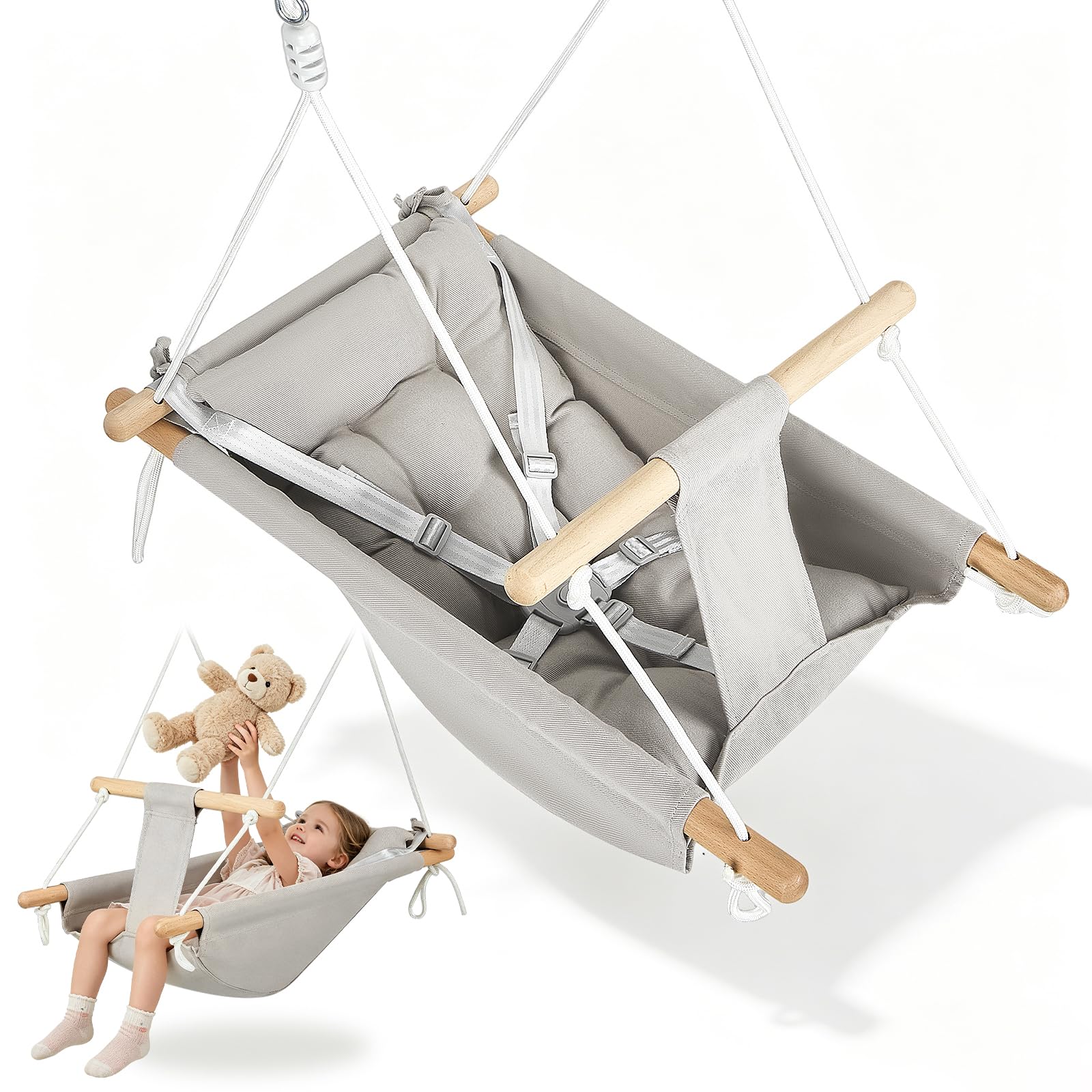 Balançoire bébé 3 en 1, Chaise Suspendue en Bois avec Ceinture de sécurité et Coussin en Coton, hamac-balançoire bébé réglable, balançoire Enfant d'intérieur/extérieur, capacité 60 kg, 6-36 Mois