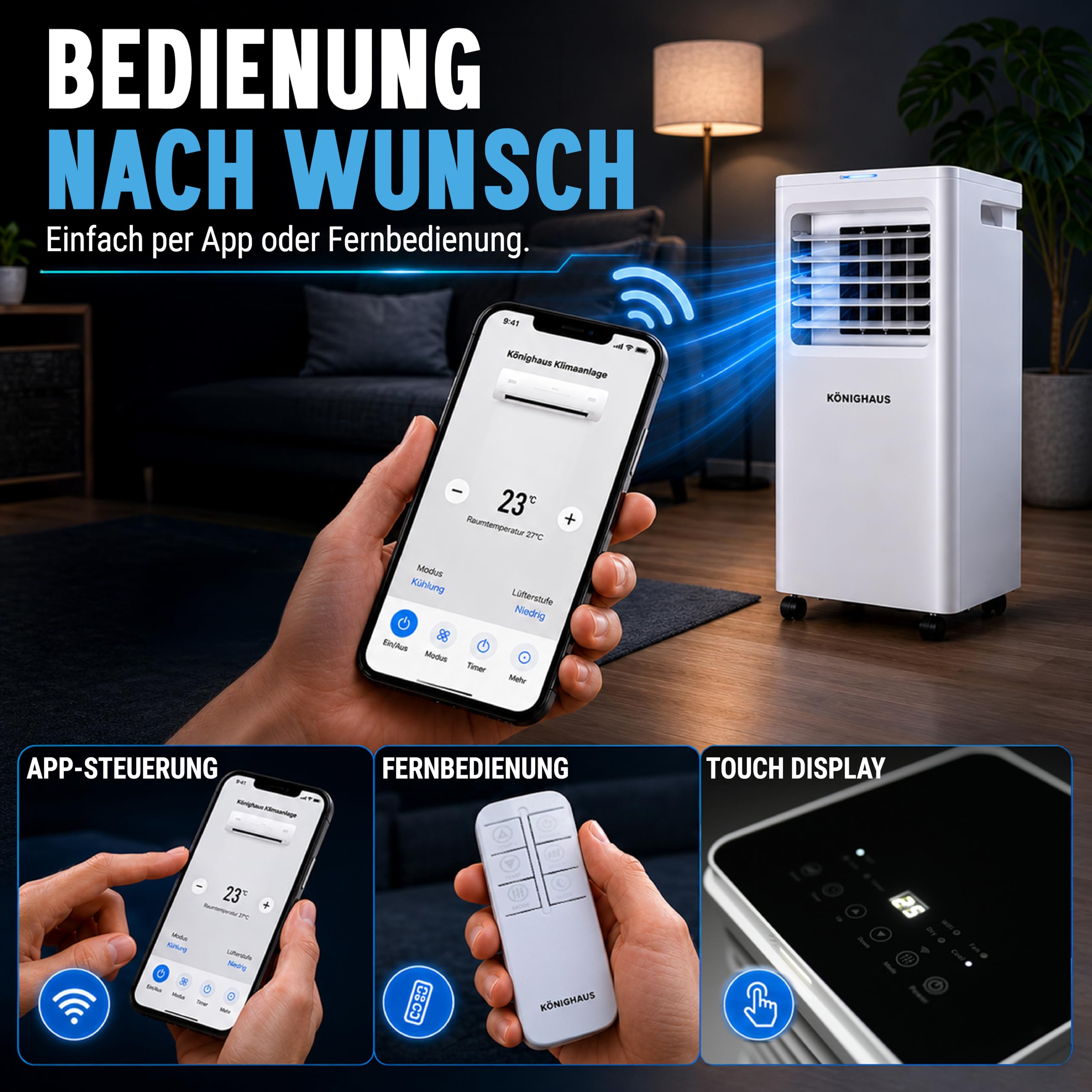 Könighaus Smarte EU Mobile Klimaanlage 7000 BTU – für deutsche Kippfenster geeignet - Kühlung, Entfeuchtung, Ventilator und Luftreinigung – energieeffizient (A) – inkl. Fernbedienung und App