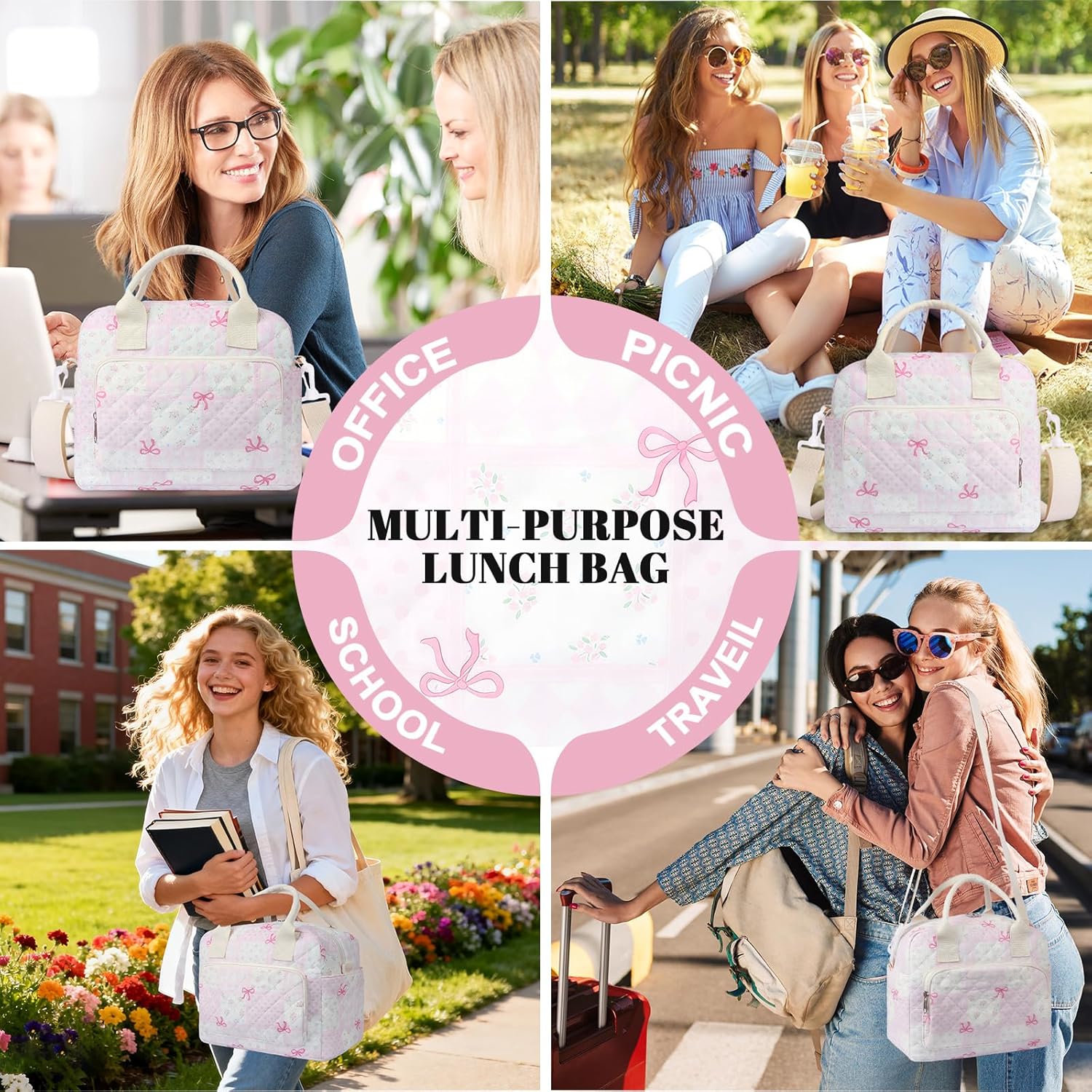 Quilted Lunch Box for Women, Large Insulated Lunch Bag for Adult,Elegant Pink Bow Cute Portable Tote Bags for Work Travel Beach Picnic(Pink Bow Grid Pattern,M)