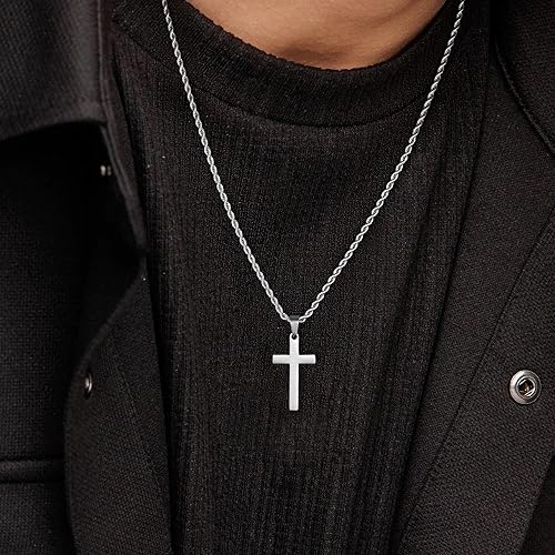 Miniatura 4 de LUXEJEW Collar de cruz para hombres y niños, cadena de cuerda de acero inoxidable plataoronegro, collar con colgante de cruz, joyería para hombre,