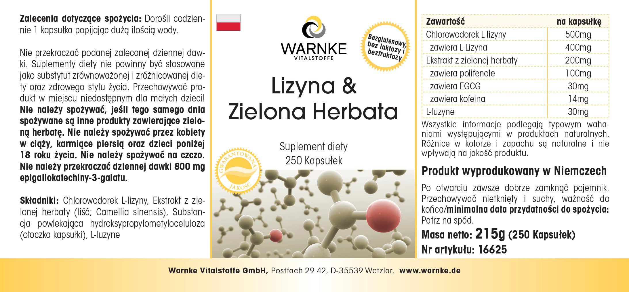 L-lisina e tè verde - 250 capsule - polifenoli - EGCG - caffeina - vegano e ad alto dosaggio - confezione grande | Warnke Vitalstoffe - Qualità farmaceutica tedesca