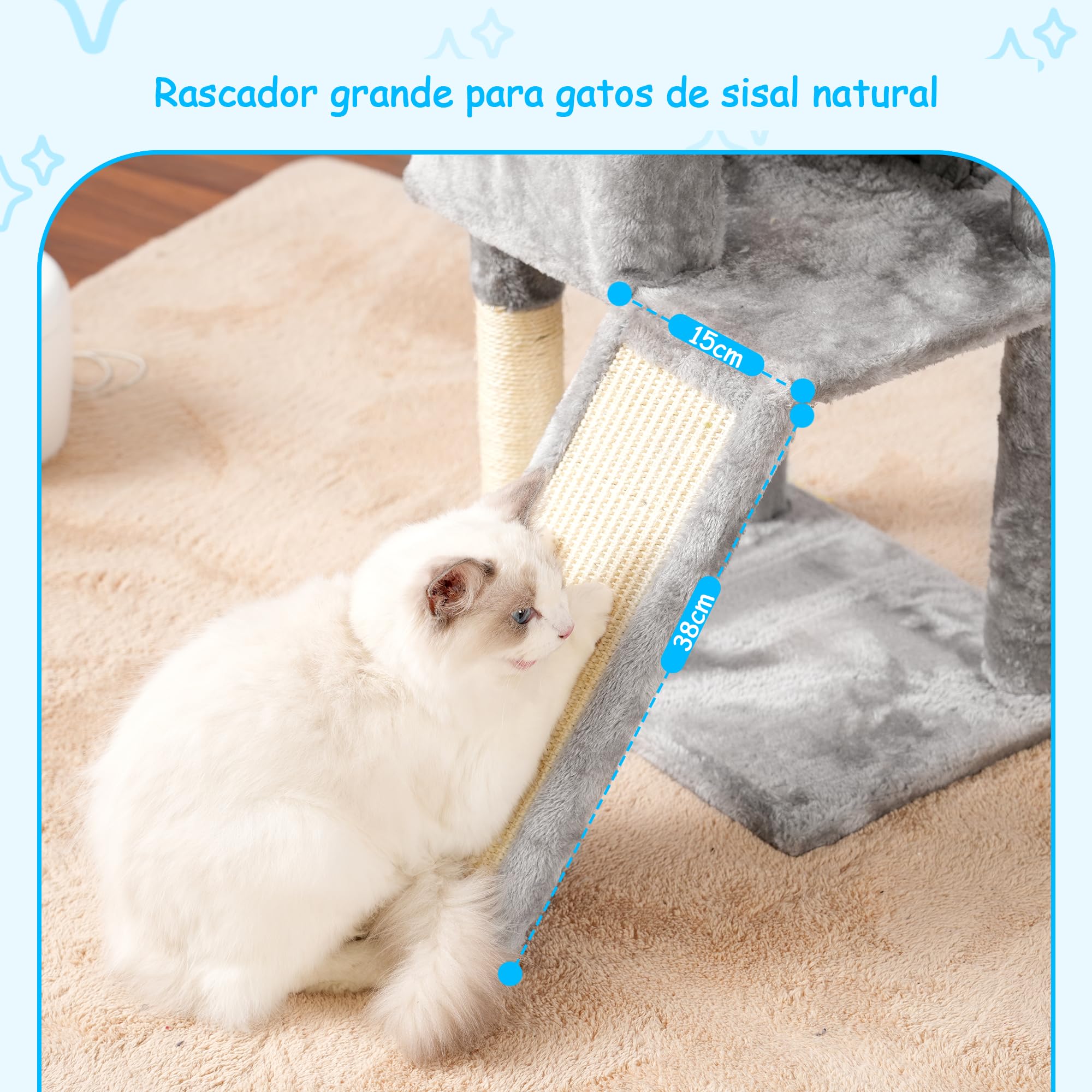 Hey-brother Árbol rascador para gatos, 108 cm, para interiores, varios pisos para gatitos, con columnas para rascar, rampa, cesta, espacioso agujero para gatos y juguete con pompón colgante, gris