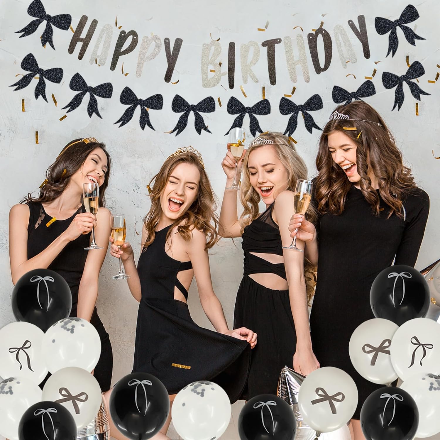 Black Bow Birthday Party Decorations,Happy Birthday Banner Garland and Hanging Swirls,Black and White Balloons with Bows,Cupcake Toppers,Bows Coquette Party Decorations for Girls Women Bow Theme Decor - Image 7