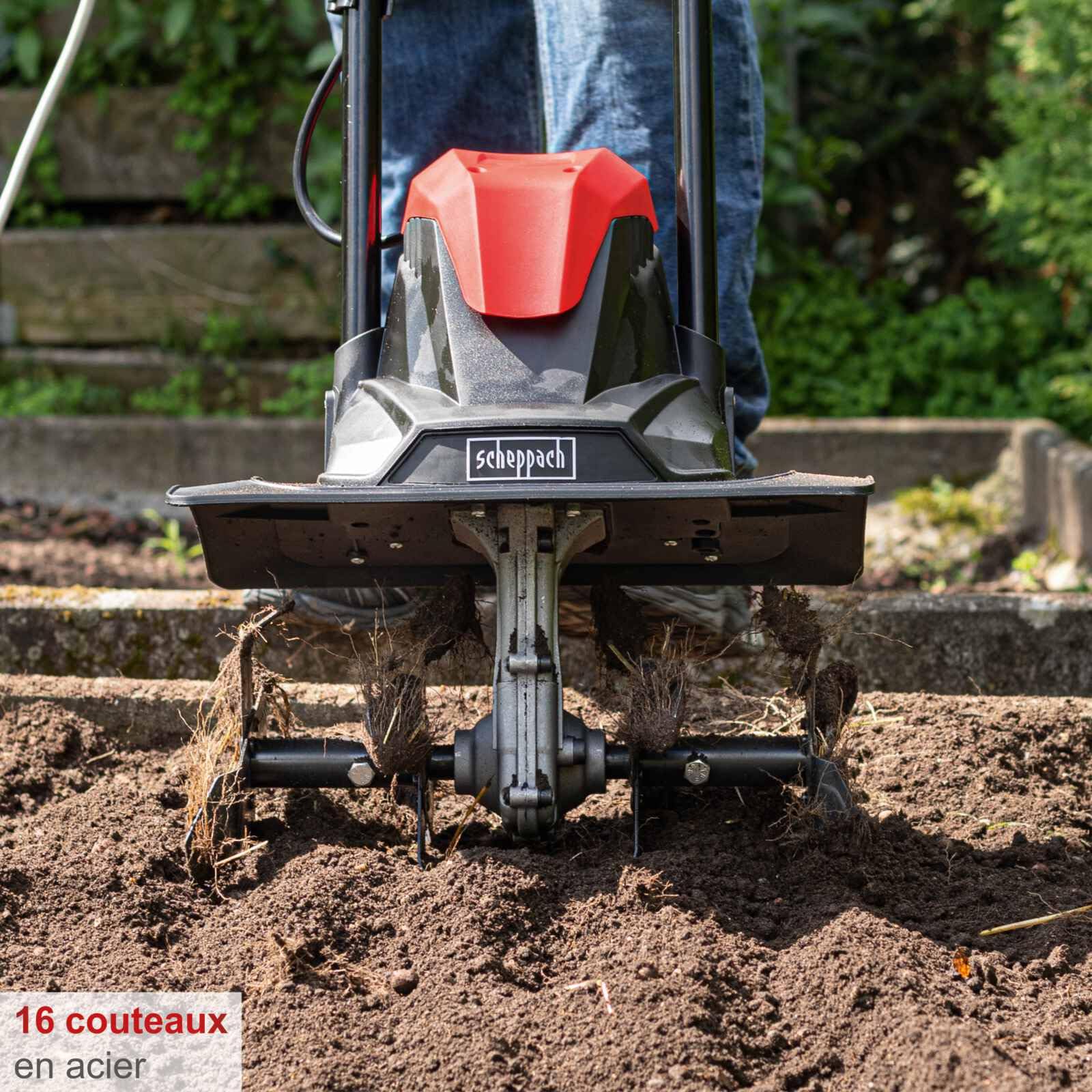Scheppach Motobineuse MTE380 Motobineuse électrique | Puissance 1050W | Haies Ø205mm | Largeur de fraisage 360mm | Vitesse de hachage 400 1/Min | Démarrage immédiat avec disjoncteur | Pliable