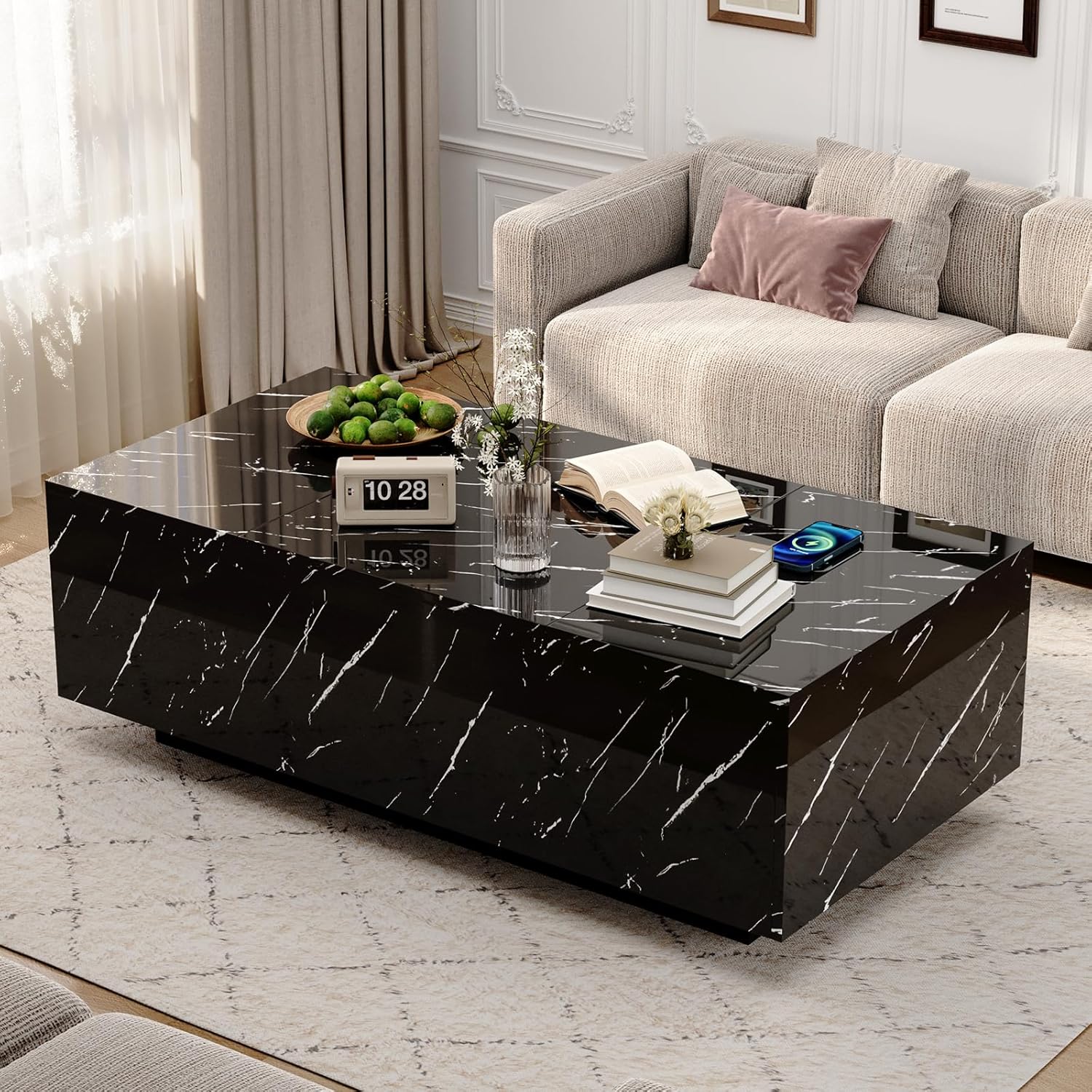 47" Modern LED Coffee Table with Lift Top, All Black Coffee Table with Storage High Gloss Surface, Hidden Storage with Drawer, Open Shelves, and Built-in Power Outlet for Living Room