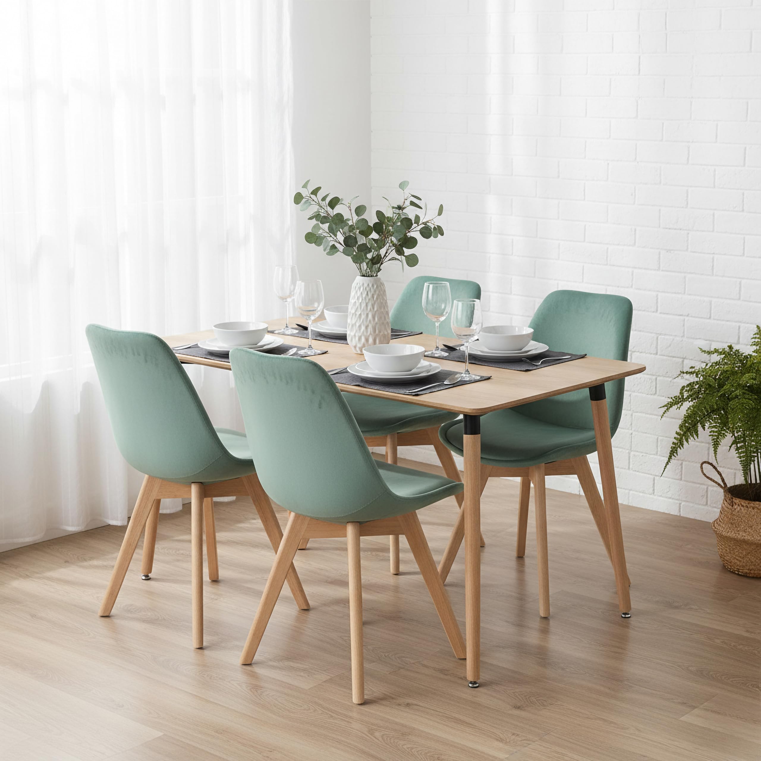 RED HERON Velvet Upholstered Dining Chair with Solid Beech Wood Legs for Mid Century Modern Dining Room Living Room Bedroom Kitchen & Lounge (Duck Egg Blue, 4-Chairs)