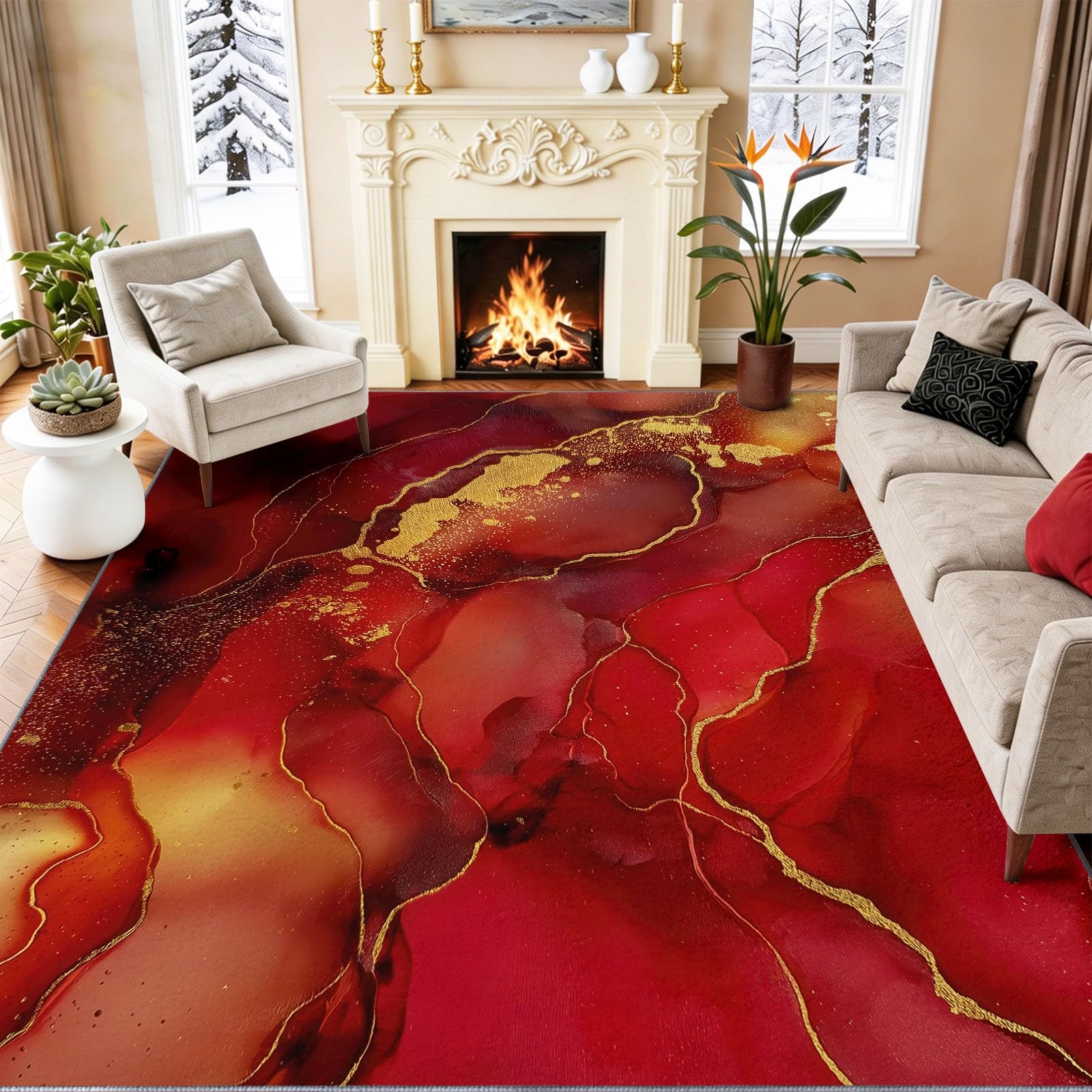 Tapis de zone moderne abstrait motif marbré rouge 60 x 90 cm