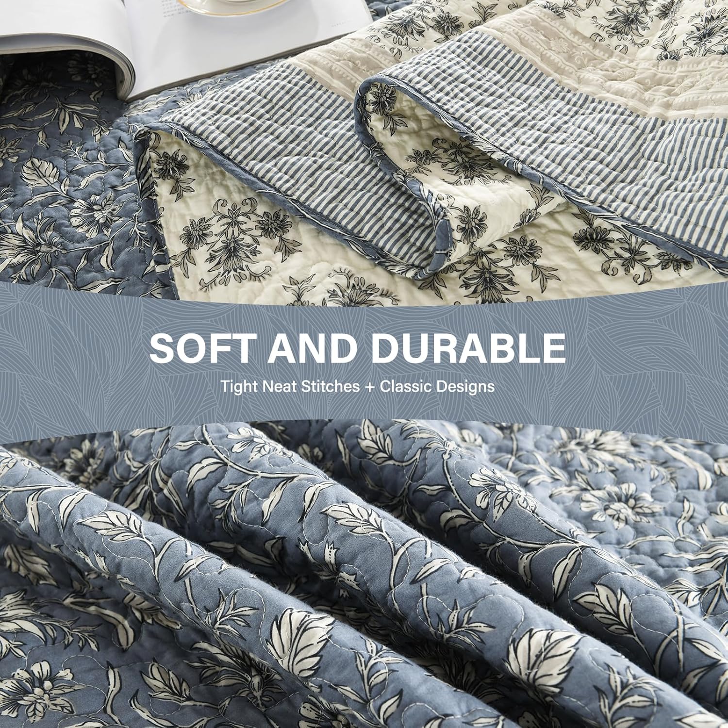 SahSahCasa 100% Cotton 128"x120" Oversized California King XL Bedspread Coverlet Quilt Set, Cal King Quilted Bedspread Extra Large Quilt, Bed Spread Lightweight Comforter, 3pc, Grayish Blue/Beige