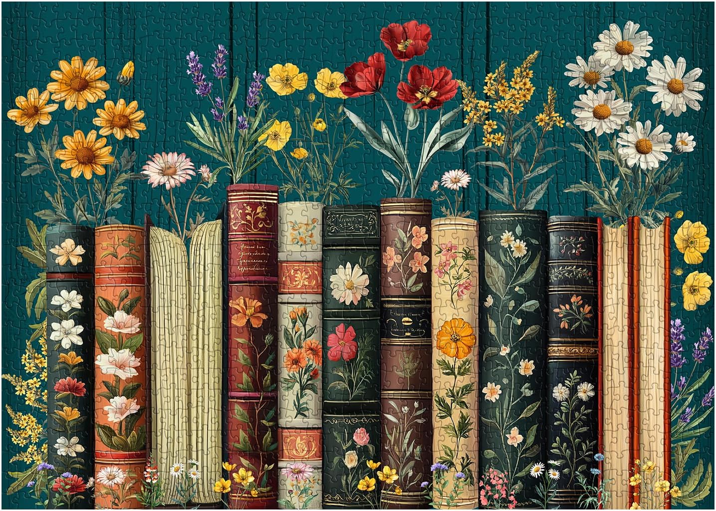 Vintage Wildflower Book Puzzles for Adults 1000 Pieces, Plant Floral Books Pages Jigsaw Puzzle, Retro Bookshelf Puzzles with Blossoming Wildflowers, Botanical Literary Theme Puzzle for Book Lovers