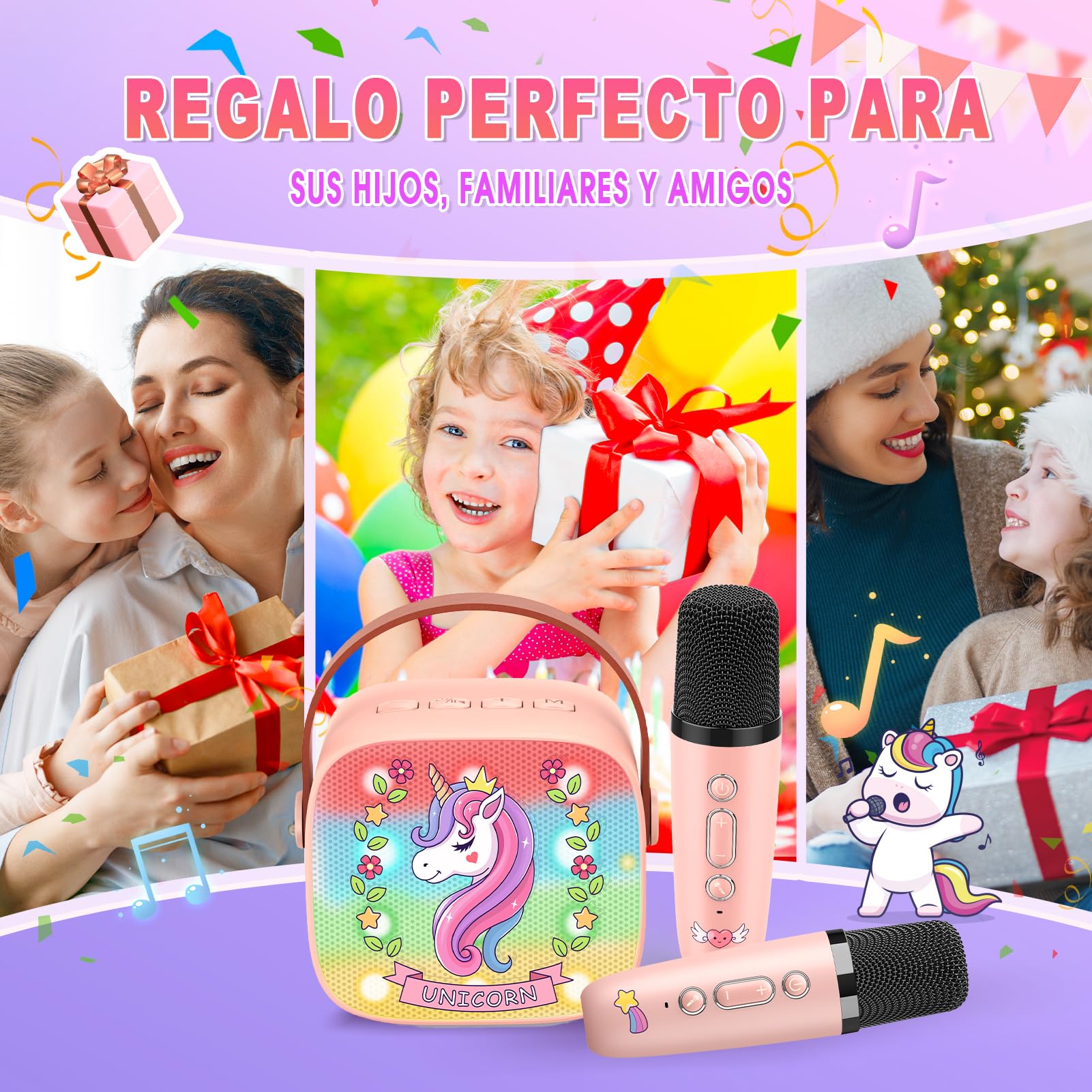 Dislocati Karaoke Infantil 2 Microfonos Inalambricos Karaoke, Unicornios Regalo para Niñas 3-12 Años Micrófono Inalámbrico Bluetooth para Cantar Juguetes Niña 3-12 Años Microphone Regalo Navidad Niña