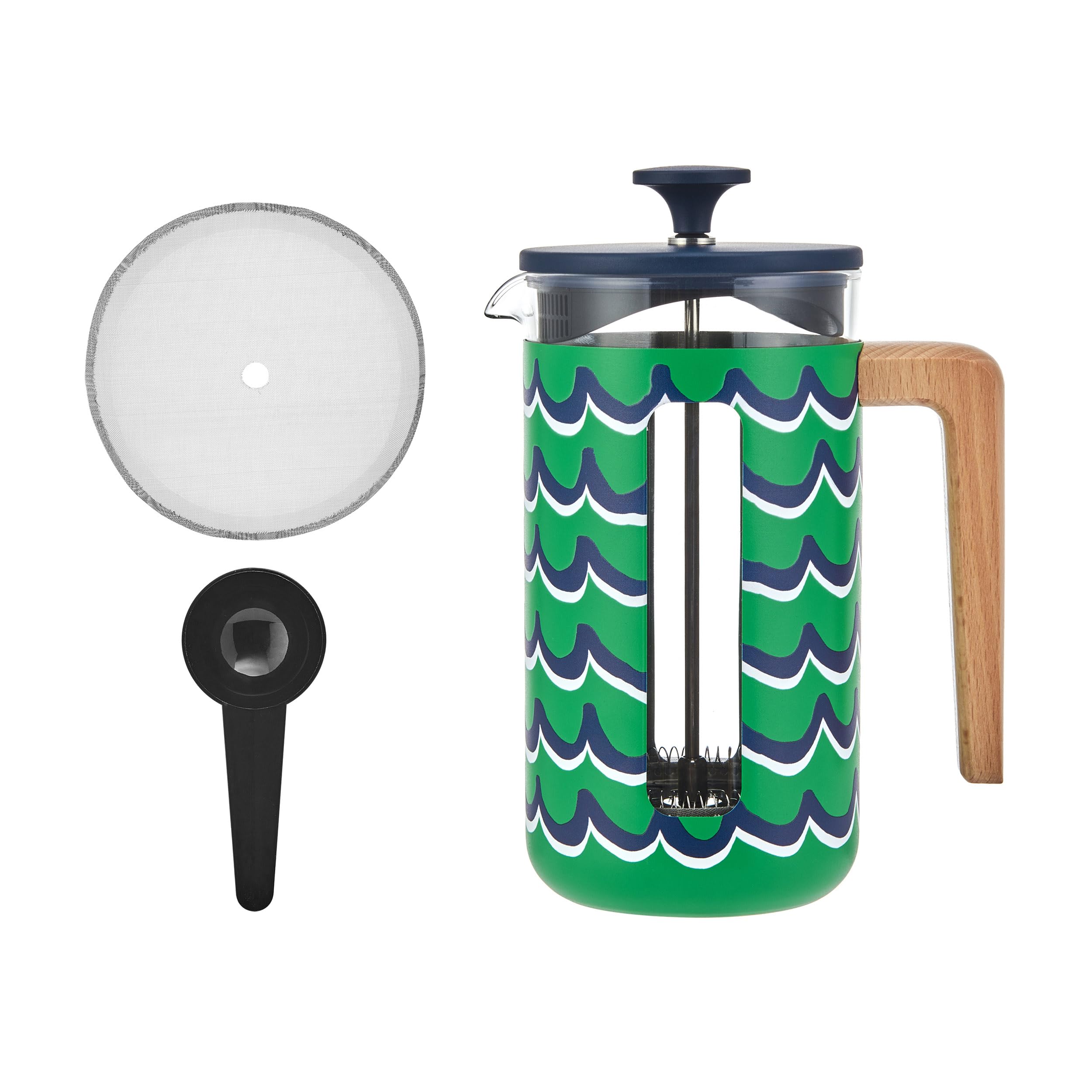 La Cafetière Pisa 8 Cup Cafetière, Large French Press Coffee Maker with Swirl Design, 1L Ceramic Heat Resistant Cafetière with Easy-Grip Plunger, Ideal for Loose Tea and Ground Coffee, Cyan Tides