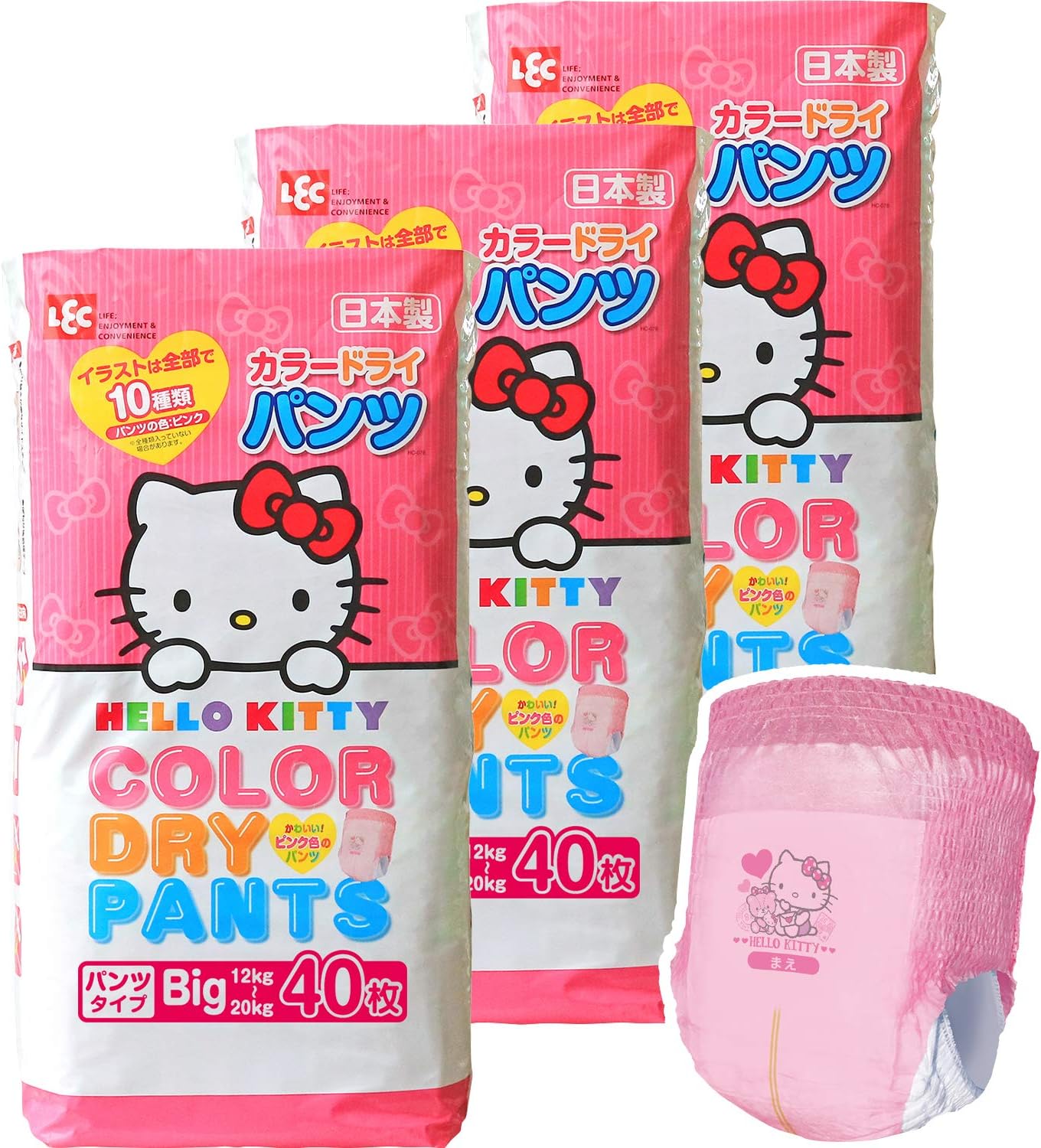 送料無料 おむつ キティ カラー ドライパンツ Lサイズ 44枚 3パック 計132枚 紙おむつ 10種のイラスト 日本製 レック2 980円 限定品