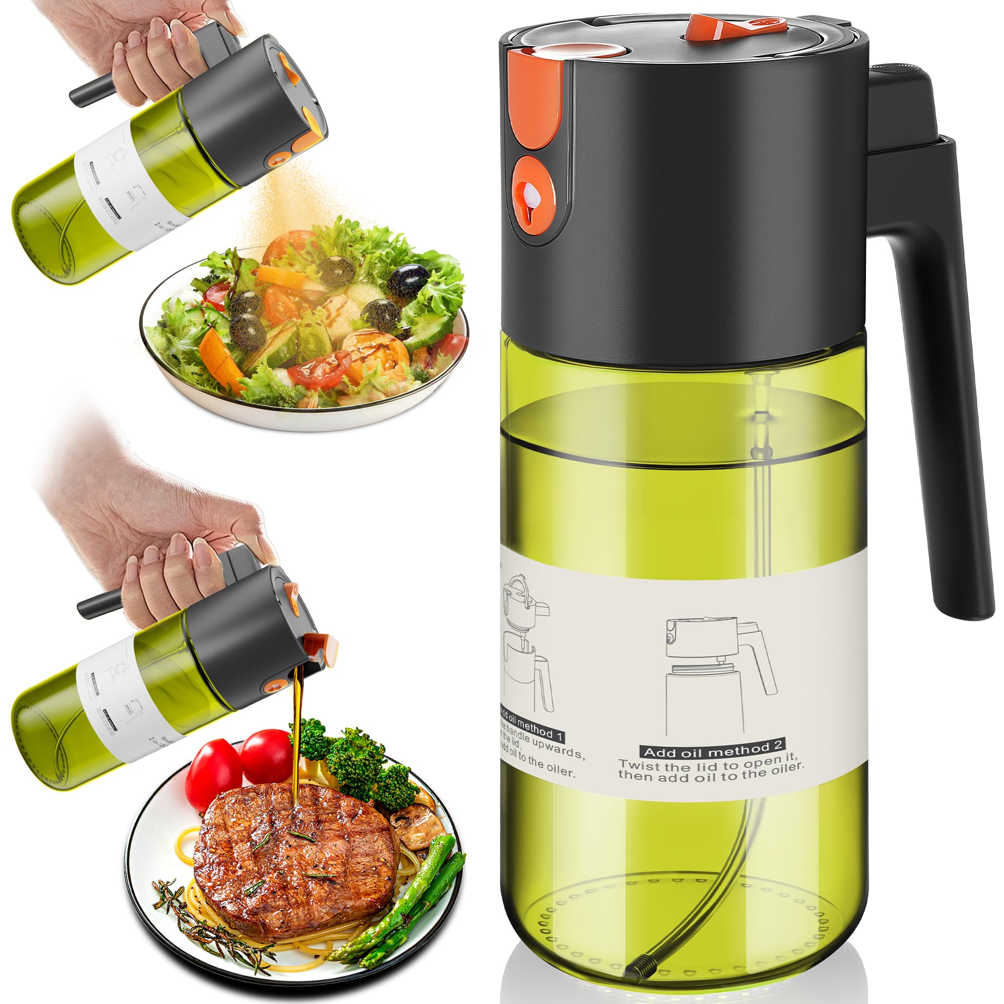 Upgrade 2 in 1 Oil Sprayer for Cooking, 17oz Light-Blocking Glass Olive Oil Dispenser Bottle for Kitchen, Food-Grade Oil Mister with 8 Stickers for Salad, Frying (Green Bottle-Black Gap)