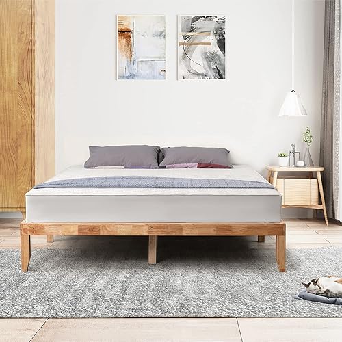 Miniatura 12 de wonline Base de cama de madera maciza, base de madera maciza, no necesita somier, soporte de listones de madera, madera de roble, acabado natural,