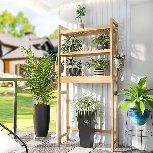 Miniatura 9 de Homykic Over The Toilet Storage, 3-Tier Bamboo Bathroom Shelf with 3 Hooks, Above Toilet Organizer Rack Freestanding for Small Space, Restroom,