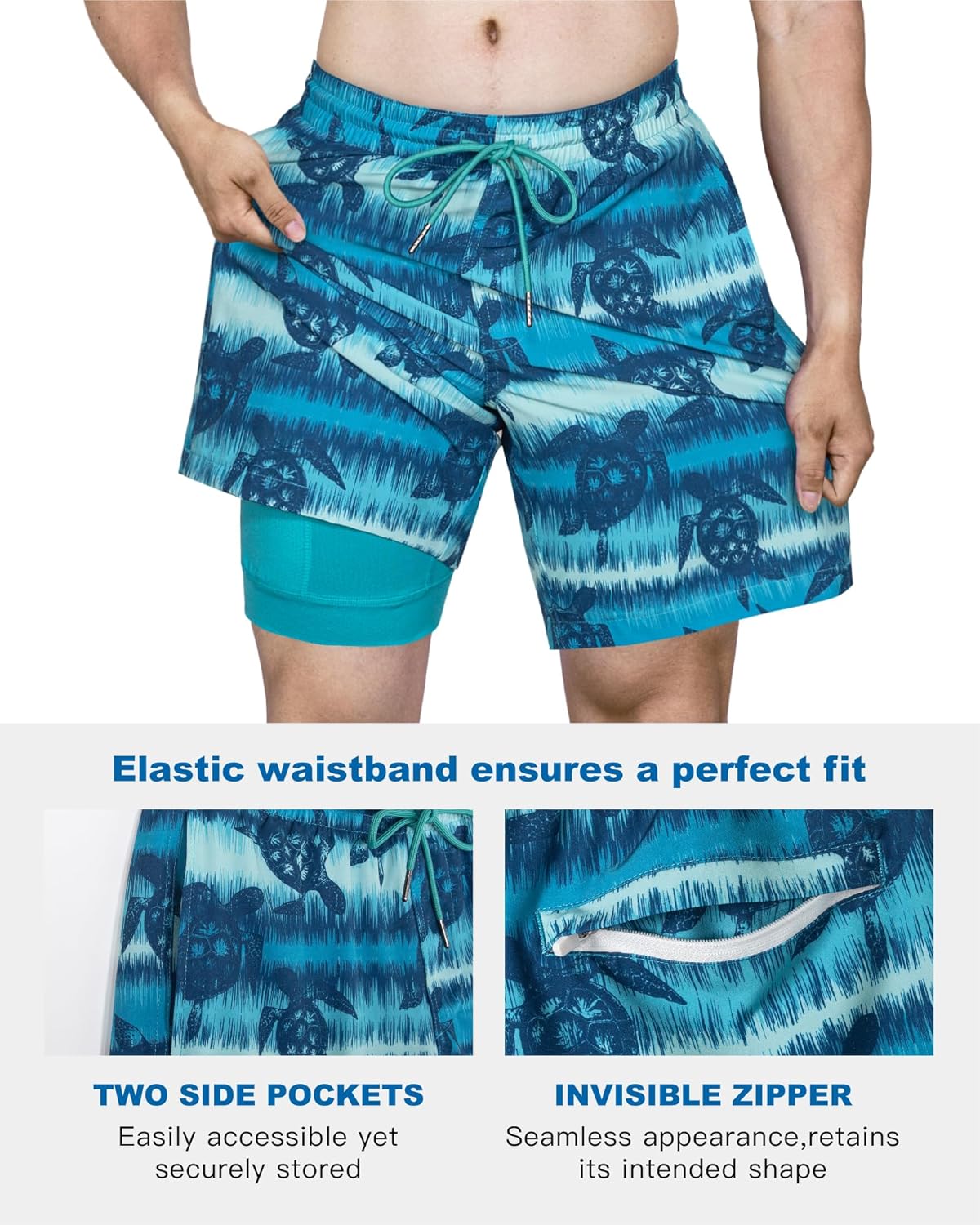SURF CUZ Mens Swim Trunks with Compression Liner Swim Shorts 7" Swimming Trunks Stretch 7 Inch Swim Suits Quick Dry