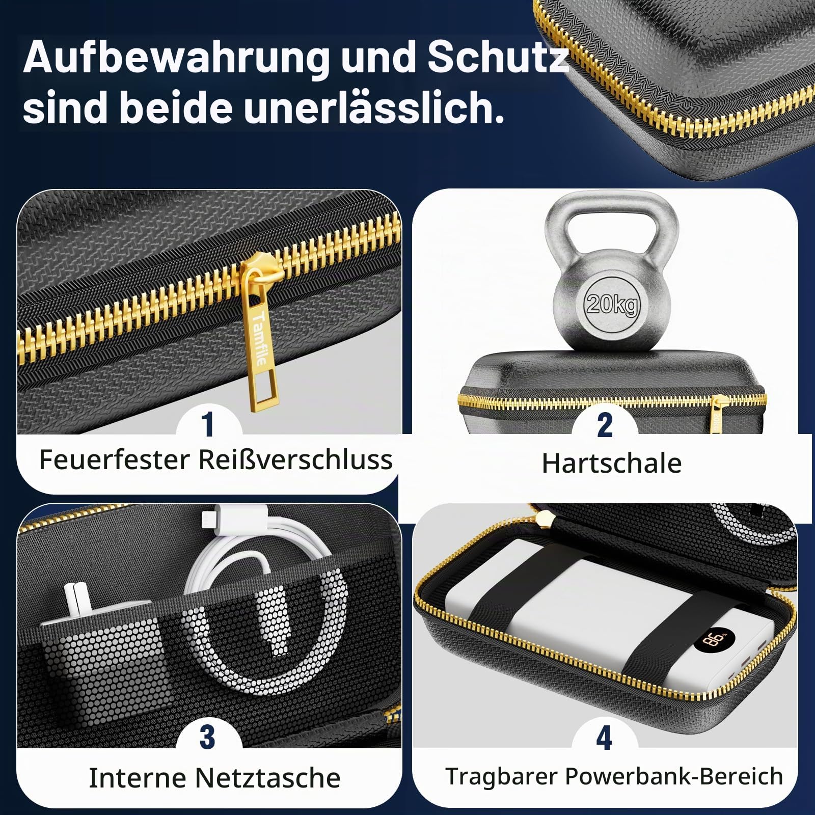 Tamfile Feuerfeste Box für Powerbank, Robuste EVA-Powerbank-Tasche, Schwarz | Feuerfestem Reißverschluss, Tragbare, Explosionsgeschützte, Aufbewahrungsmöglichkeit für Ladegeräte und Festplatte