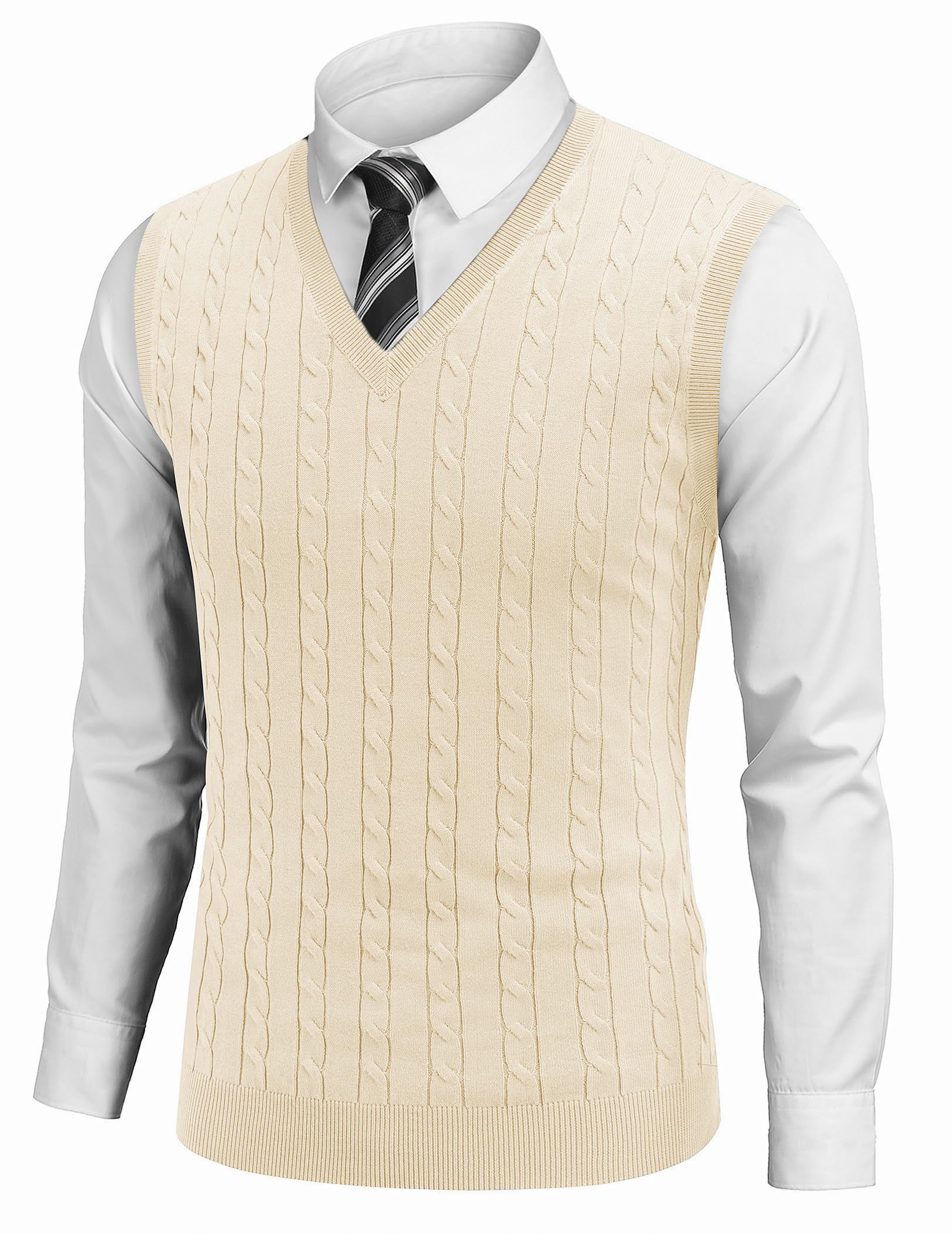 COOFANDY Men's Sweater Vest Cable Knitted V Neck Slim Fit Sleeveless Pullover Sweater