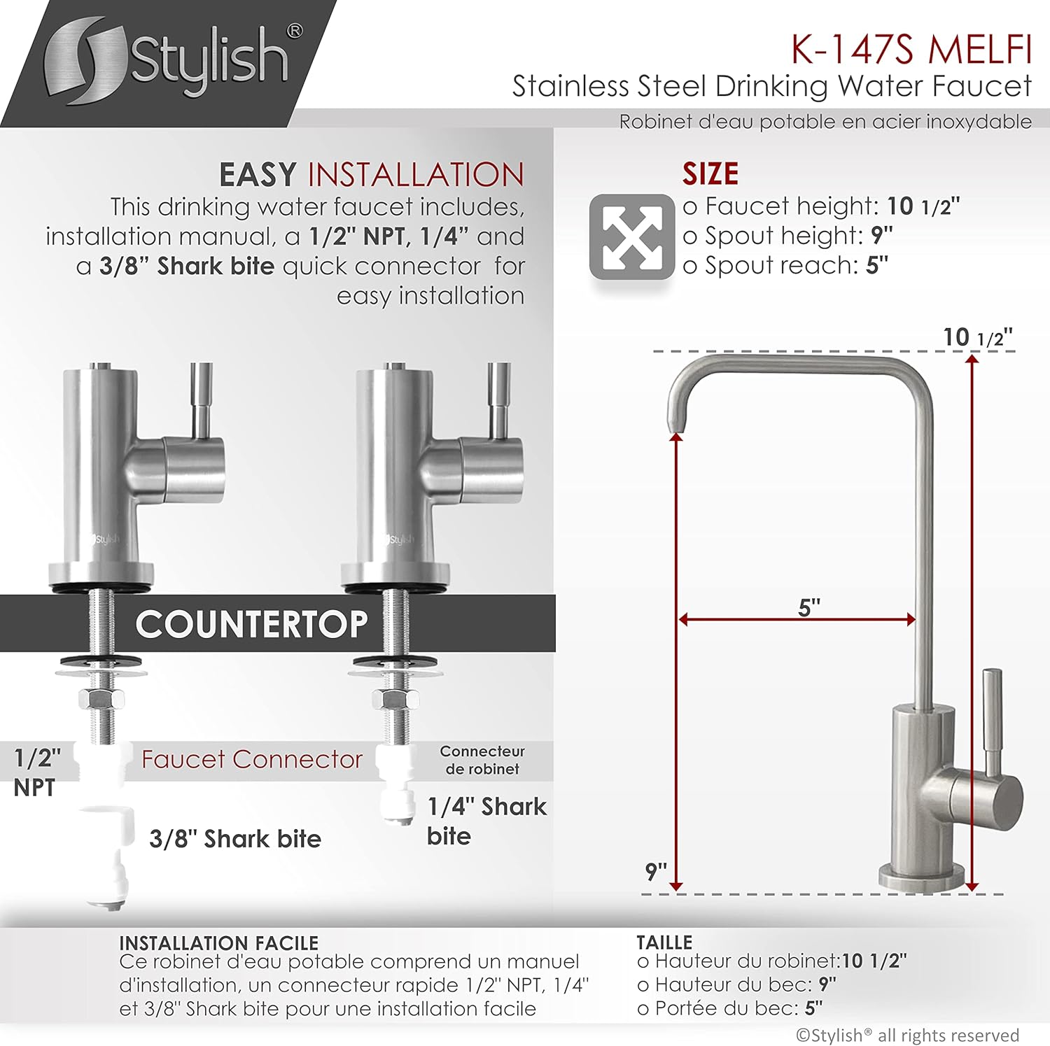 Stylish Kitchen Sink Faucet Pull Down Spout Mixer Tap and Stainless Steel Drinking Water Faucet for Kitchen Sink Combo Set in Brusehd Stainless Steel K130SK147S
