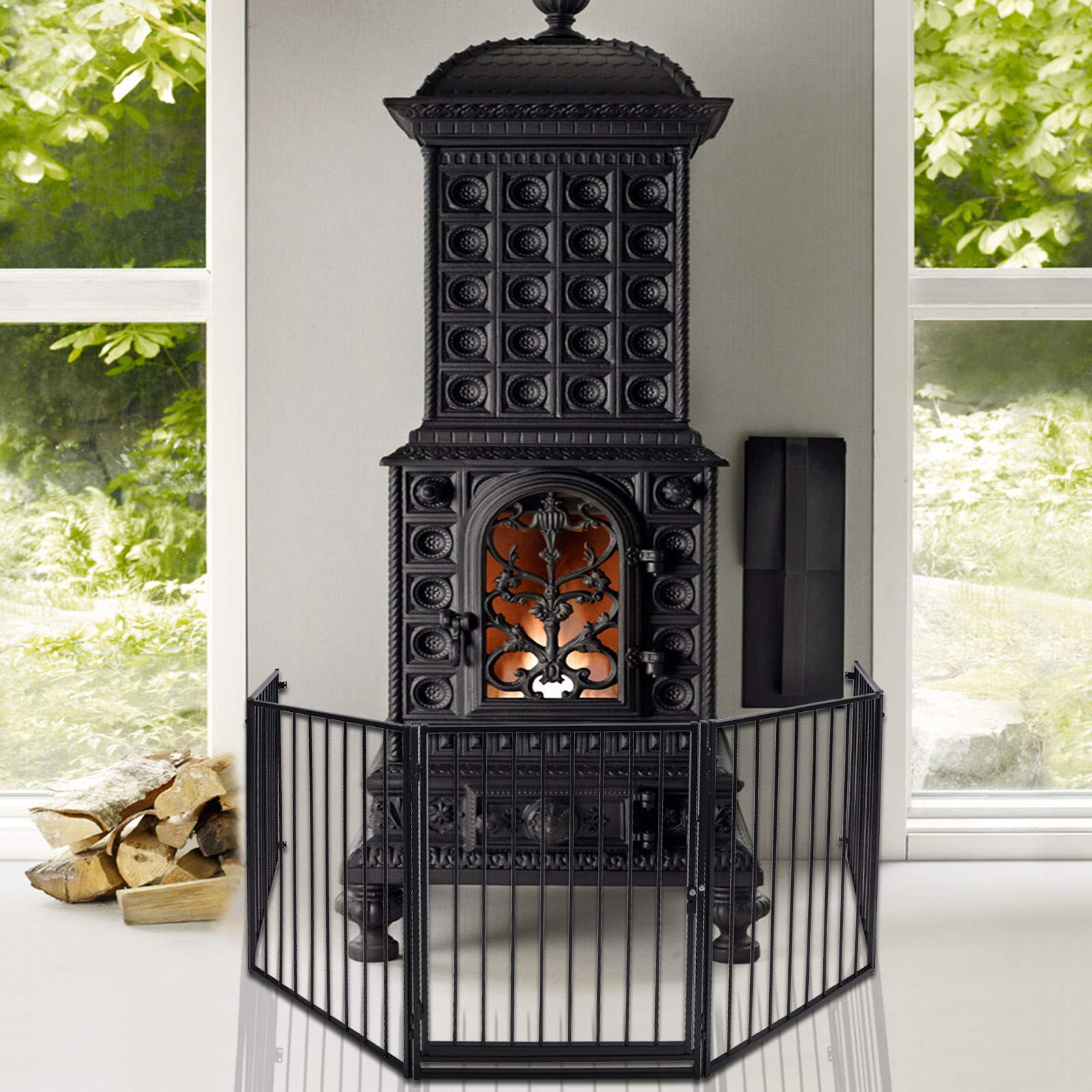 YRHome 5-TLG - Griglia di protezione per camino, per bambini, con porta, per cuccioli, 305 cm, colore: Nero