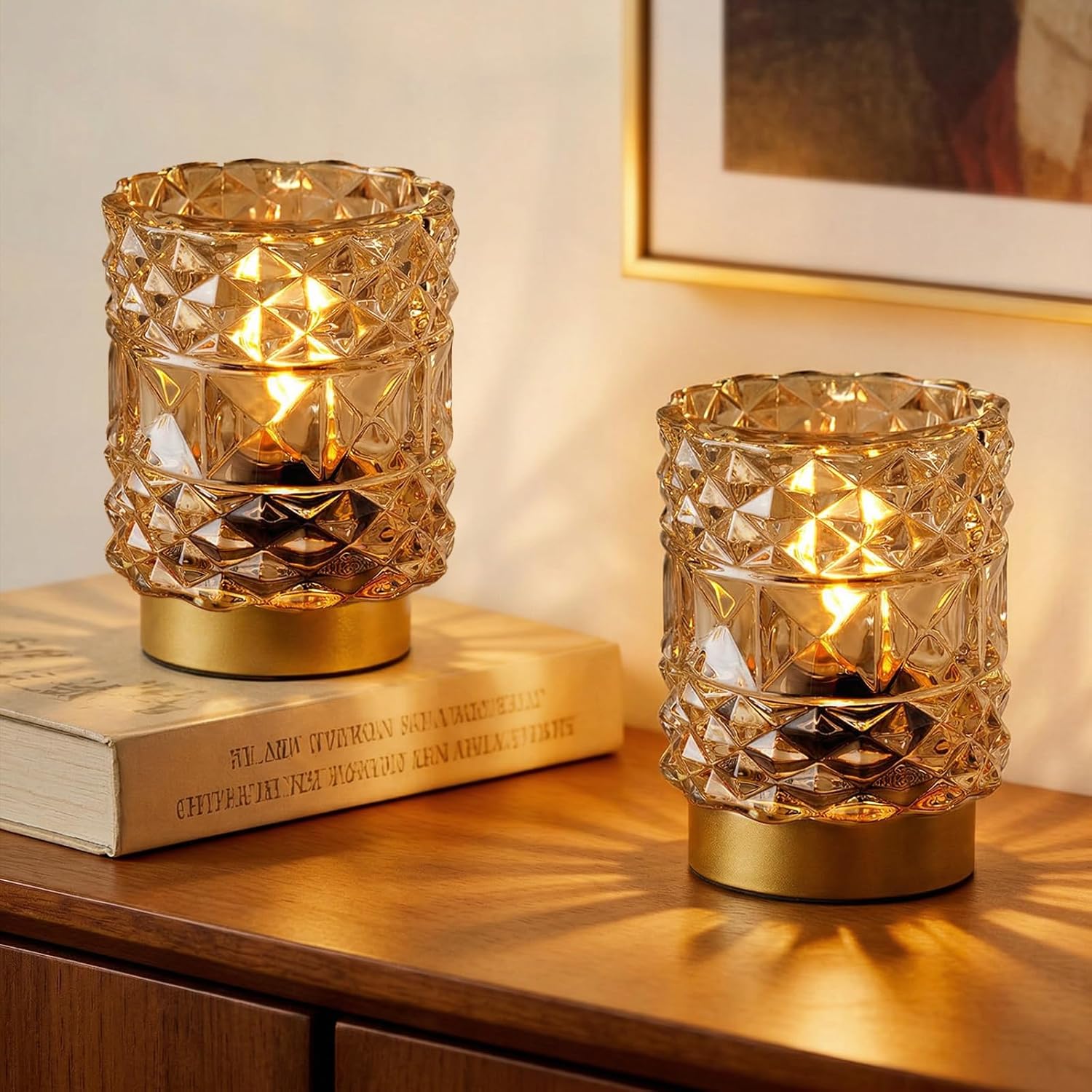 Battery Operated Lamp with Timer, Cordless Table Lamps for Shelf Decor, Rhombus Texture Aesthetic Crystal Lamp, Small Decorative Lamps for Bedroom/Bathroom/Kitchen/Entryway/Dorm (2 Pack Yellow)