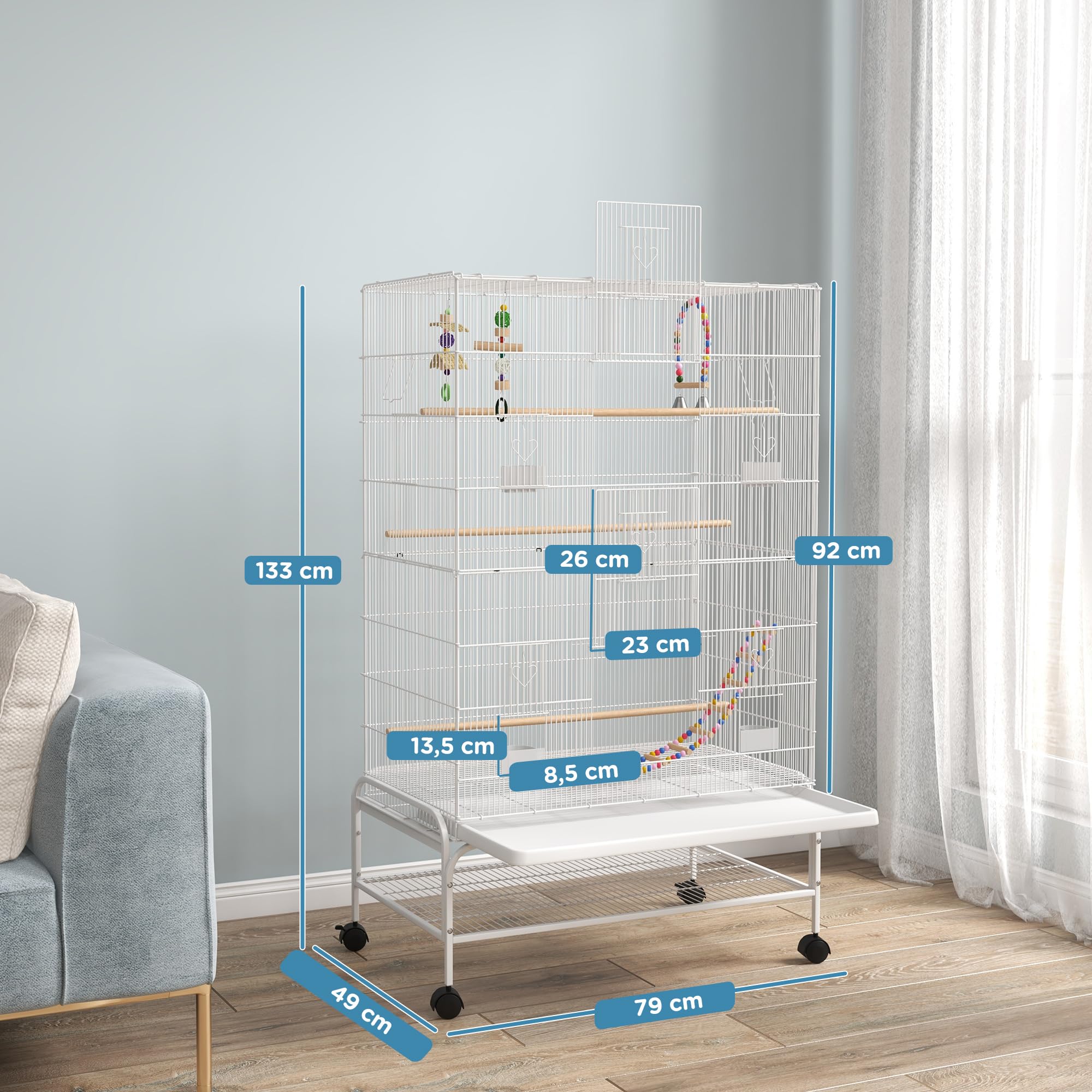 PawHut Cage à Oiseaux avec Support à roulettes - Volière Grande Taille 79x49x133cm pour Perruche Canari - 10 Portes, Blanc