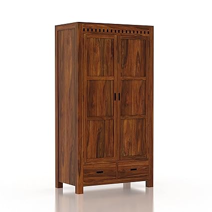 Ganpati Arts Sheesham Wood Armania Wardrobe with Drawer for Bedroom Living Room Wooden Almirah (Natural Finish)