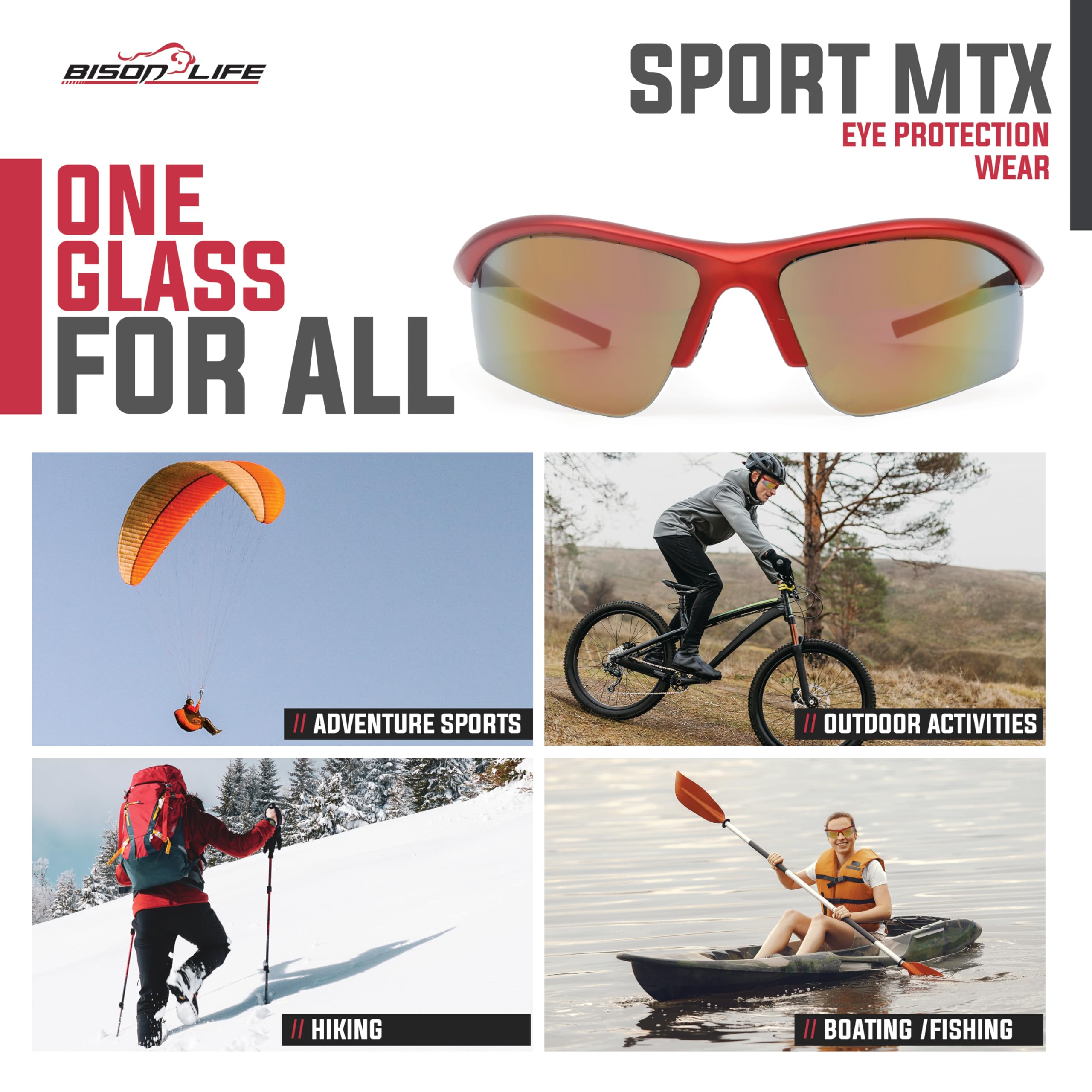 BISON LIFE Sport MTX - Gafas de seguridad con lente de espejo rojo, ANSI Z87.1+, lente de protección UV antivaho y antiarañazos para disparar, trabajo en el patio, ciclismo y actividades al aire libre
