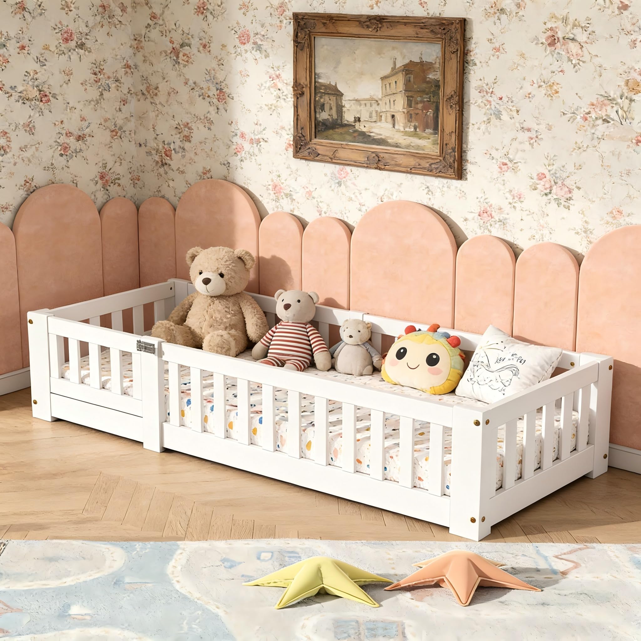 Cama Montessori Infantil 90x200 de Madera Maciza, Cama Suelo con Barandilla de Seguridad, Montessori Camas para Niños y Niñas, Cama Infantil Baja para Dormitorio Infantil, Blanco