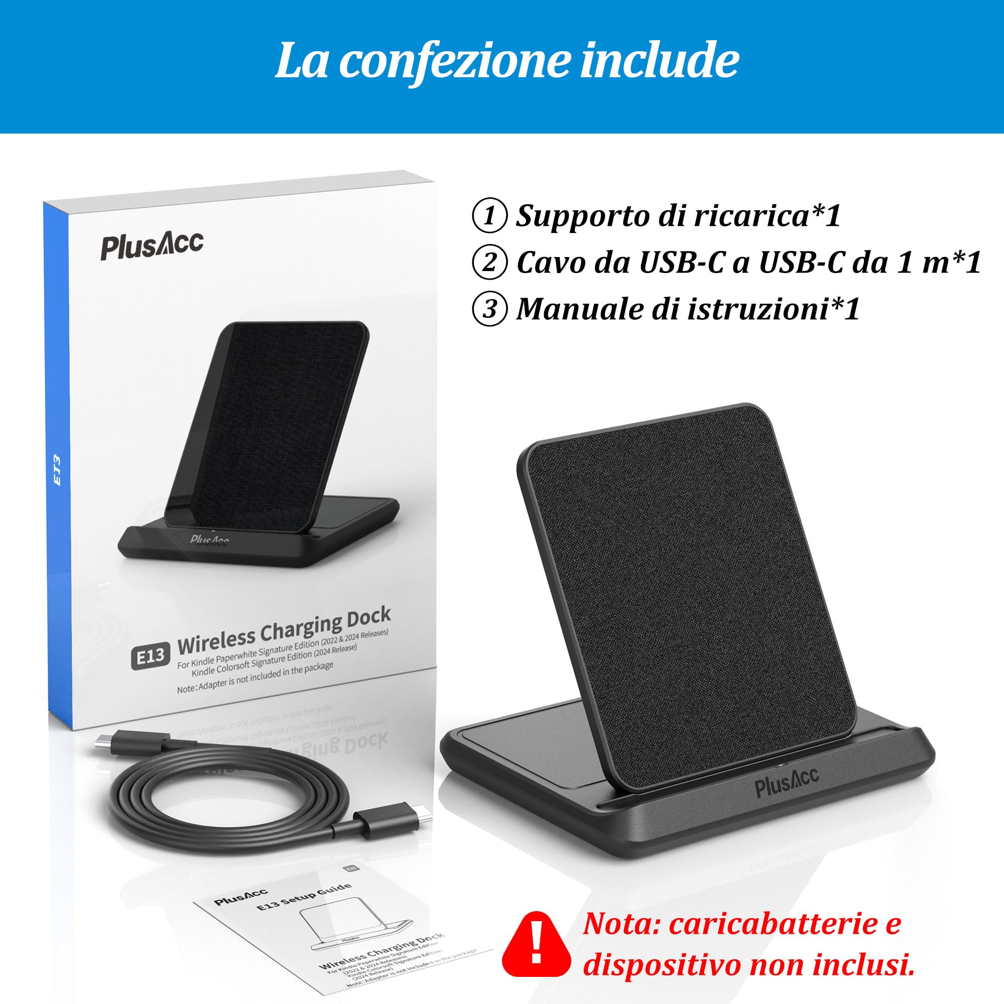 PlusAcc Ricarica Wireless per Kindle Paperwhite Signature Edition (modelli 2022 e 2024) e Colorsoft Signature Edition (32 GB), Supporto di Stazione Pieghevole compatibile con Phone 15 Pro Max