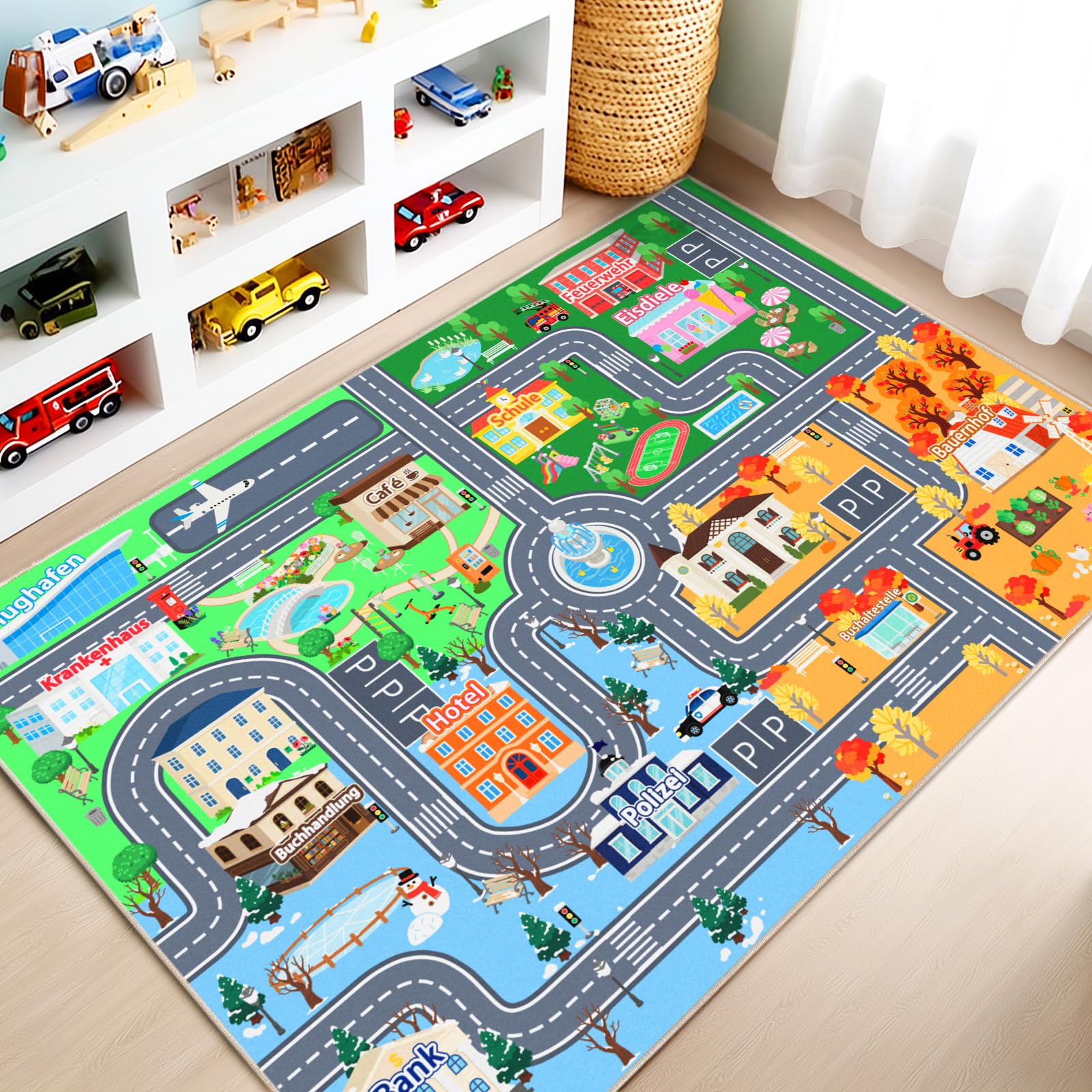 Kinder Autoteppich für Spielzimmer 120 x 160 cm, Waschbare Spielmatte | Straßenteppich Kinder, Rutschfester Kurzflor Teppich für Kinderzimmer, Spielteppich für Jungen und Mädchen