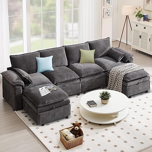 130" Modular Sectional Sofa U Shaped with Storage, Chenille Cloud Couch for Small Spaces, Living Room, Apartment, Comfy Deep Seat with Reversible Ottoman (6 Seats Grey)