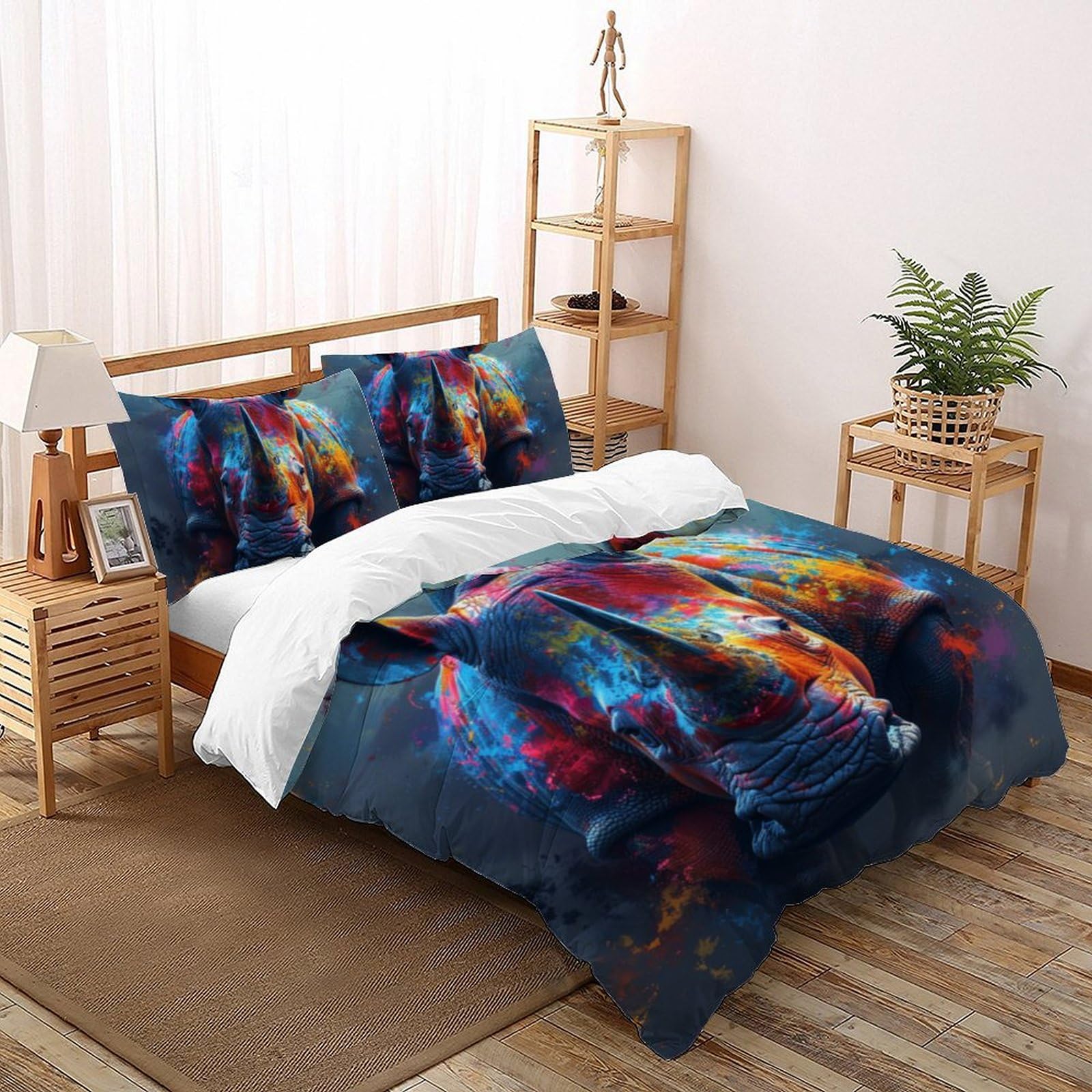 Housse de couette rhinocéros coloré parure de lit microfibre hypoallergénique lit double