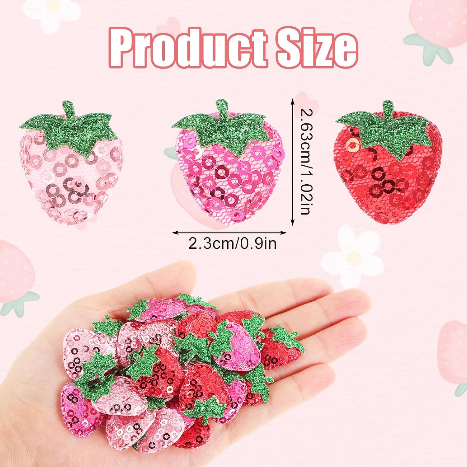 45 Pcs Cute Fruit Iron on Patch, Strawberry Fabric Lovely Sequin Patches Appliques Embellishments Sweet Applique Badge Sew Repair DIY Craft Accessories for Girls Women (Red, Pink, Rose Red)