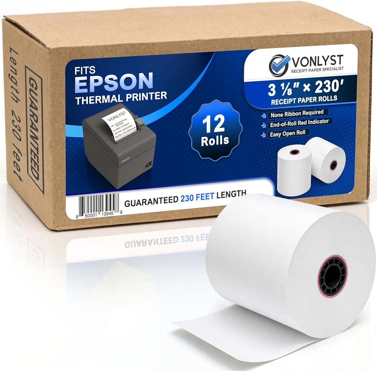 Rollos térmicos POS de 3 1/8 x 230 para impresoras Epson, impresión térmica sin BPA compatible con TM-T88 TM-T70 TM-T80 TM-T85 TM-H6000 T90 Series, máquina de tarjetas de crédito y suministros de impresora POS, paquete de 12