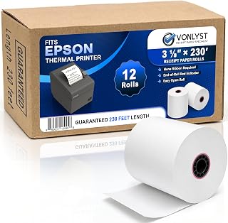 Rollos térmicos POS de 3 1/8 x 230 para impresoras Epson, impresión térmica sin BPA compatible con TM-T88 TM-T70 TM-T80 TM-T85 TM-H6000 T90 Series, máquina de tarjetas de crédito y suministros de impresora POS, paquete de 12