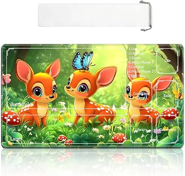 Card Playmat Large 28"x16" with Storage Bag - Stitched Edges Non-Slip Neoprene Gaming Mat Playzones Design for Tournaments/TCG/MTG/Lorcana/Board Game Desk Mat-Deer Butterfly