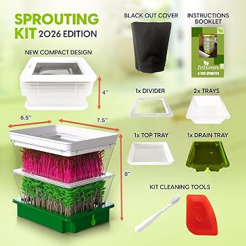 Stackable Seed Sprouter, 2-Tier Sprouting Tray with Drain Spout | BPA-free 2-tier sprouting trays for easy home grown sprouts