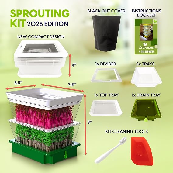 Stackable Seed Sprouter, 2-Tier Sprouting Tray with Drain Spout | BPA-free 2-tier sprouting trays for easy home grown sprouts