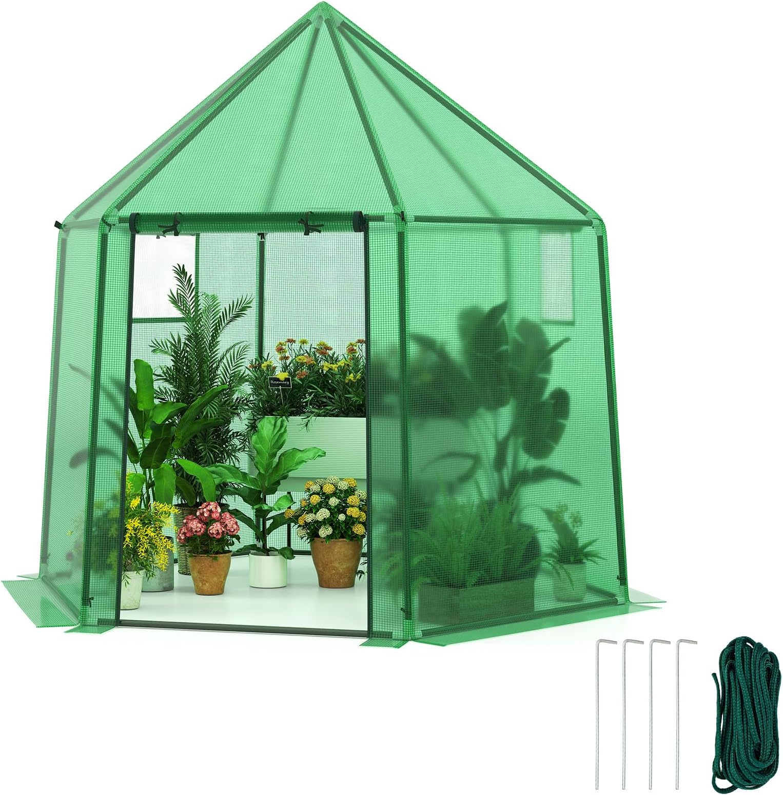 GiantexUK Walk In Greenhouse, Metal Frame Hexagon Growhouse with Waterproof PE Cover, Roll-up Window & Door, Outdoor Gardening Plants House Polytunnel for Patio Backyard (198x172x190cm)