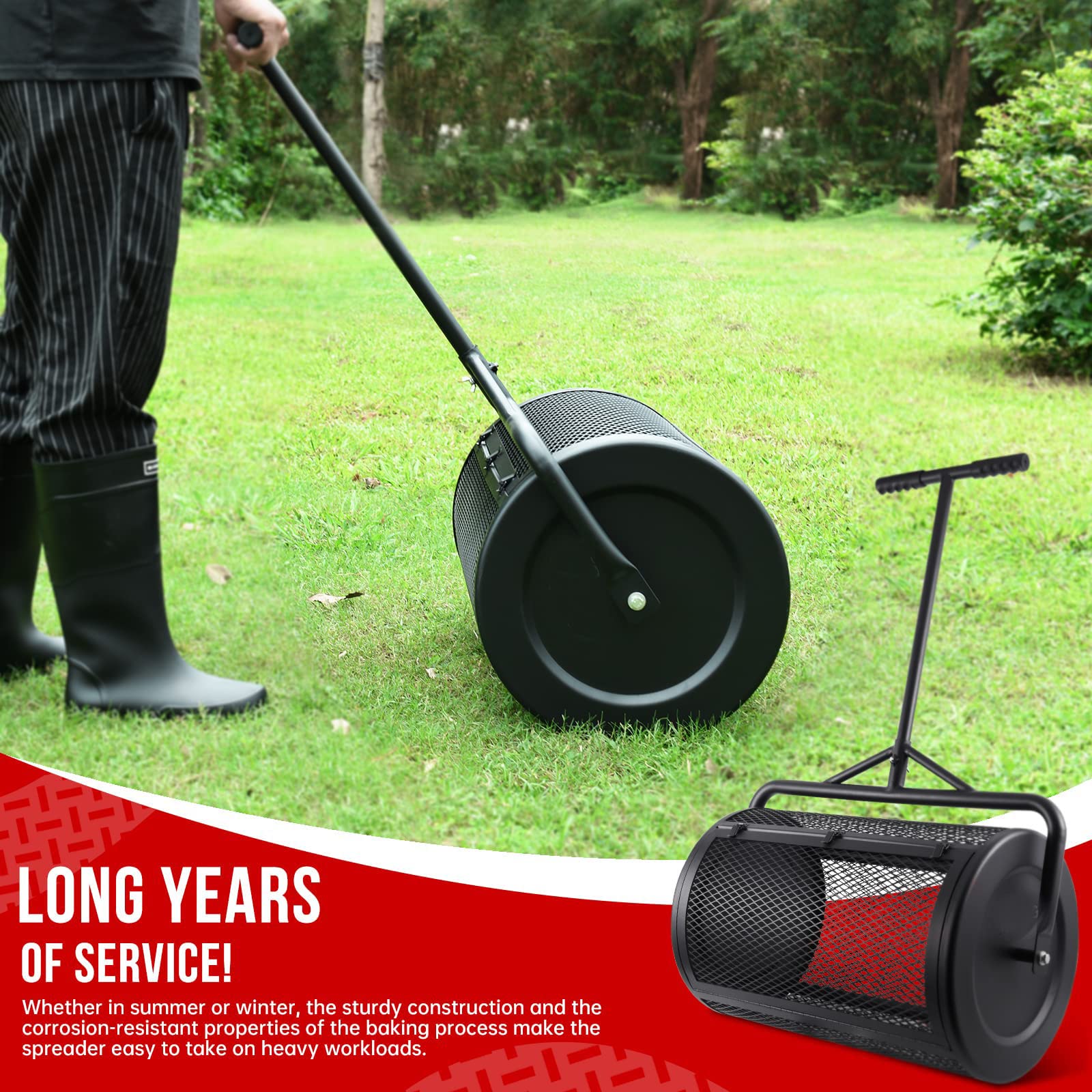 24-Zoll-Kompoststreuer, robuster Streuer aus Metallgeflecht mit verstellbarem Griff, zum Pflanzen, Säen, Oberboden, Schmutz, Mulch, Rasen, Garten, Hof und Erde, schwarz