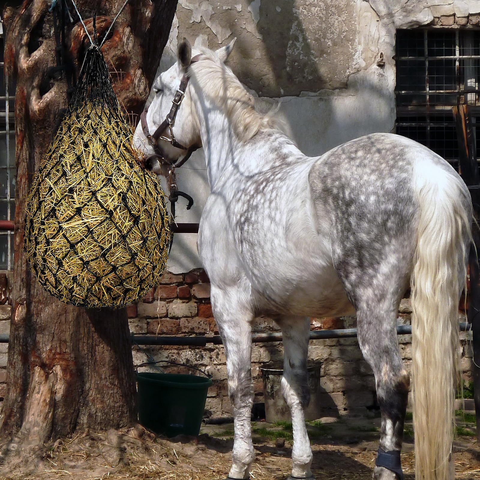 Siatka na siano dla koni, duża, 10-15 kg, siatka na siano o wąskich oczkach 5 x 5 cm, worek na siano dla koni, do odpowiedniego karmienia, do kuli siana, polepsza trawienie, worek na karmę w drodze