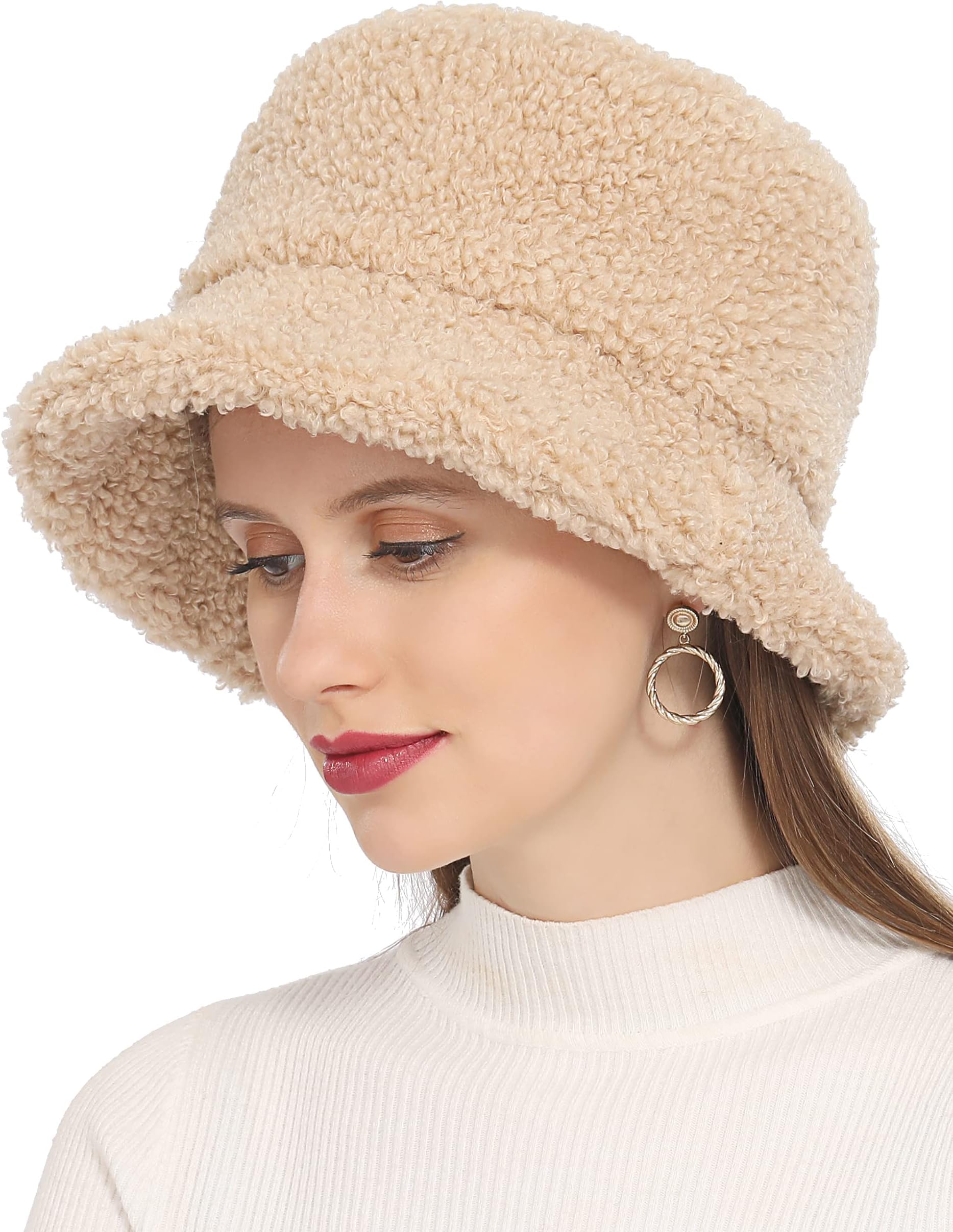 Women's Faux Fur Bucket Hat Teddy Style Cloche Hat Winter Furry Warm Fisherman Cap