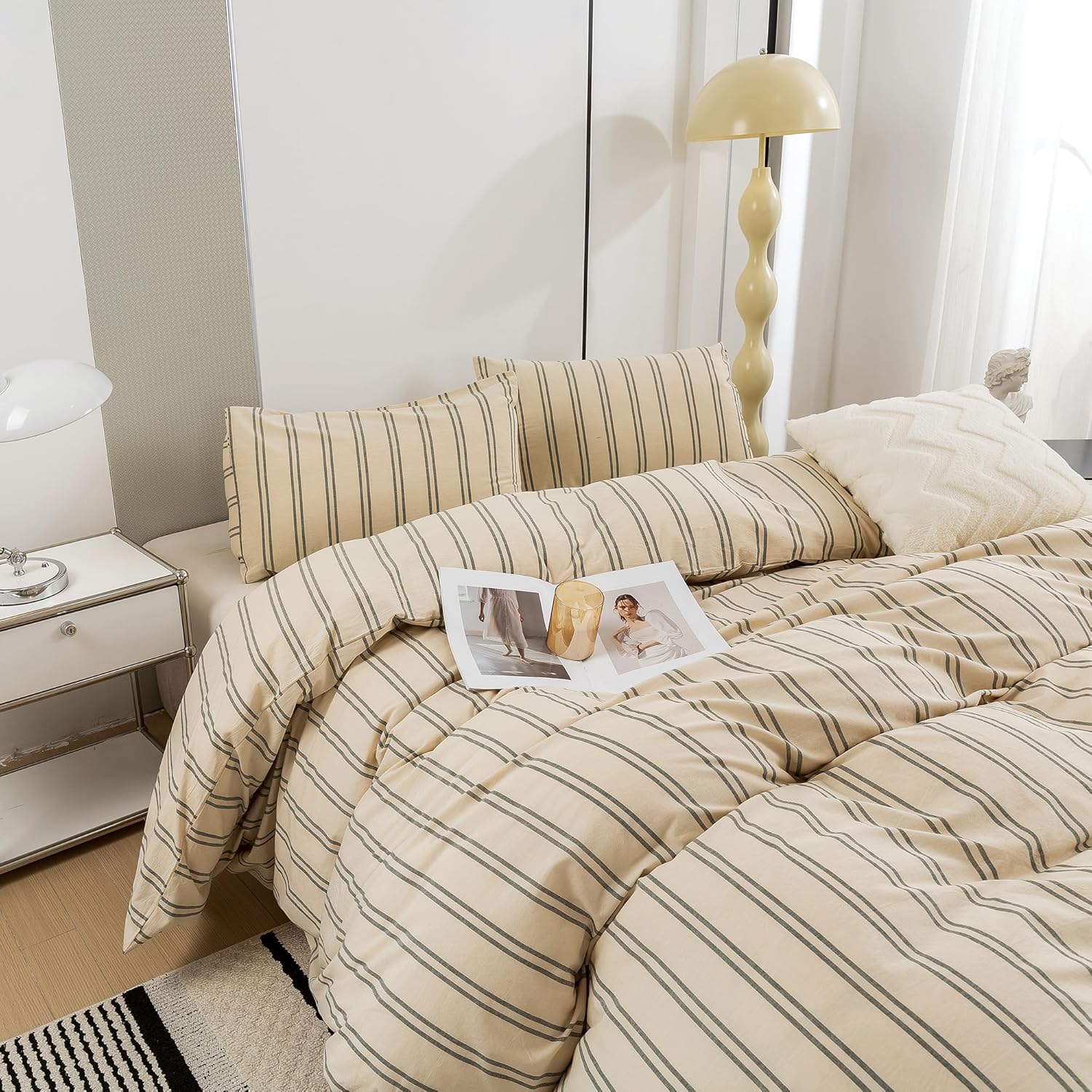 ECOCOTT Duvet Cover Queen Size - Linen Feel Organic Natural 100% Washed Cotton, Soft Breathable & Durable Bedding Set, Comfy Stripe Design for All Seasons - Image 5