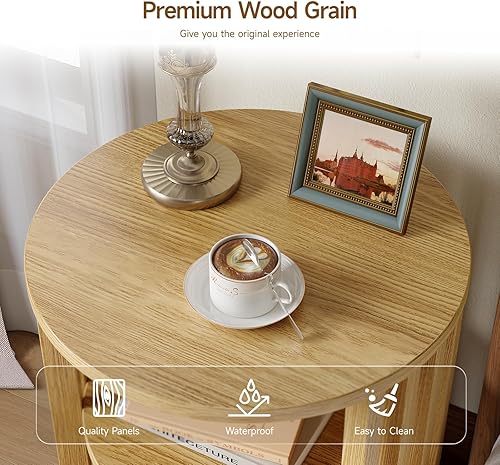 Miniatura 3 de Mesa auxiliar redonda, mesas auxiliares de roble, mesita de noche moderna de mediados de siglo con almacenamiento de 2 niveles, mesita de noche