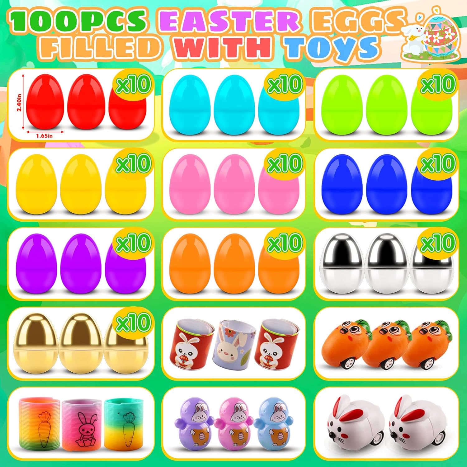 KissFuture 100 PCS Prefilled Easter Eggs with Toys, Easter Eggs Filled for Egg Hunt, Easter Basket Stuffers for Kids, Prefilled Eggs with Toys Inside, Easter Classroom Prize