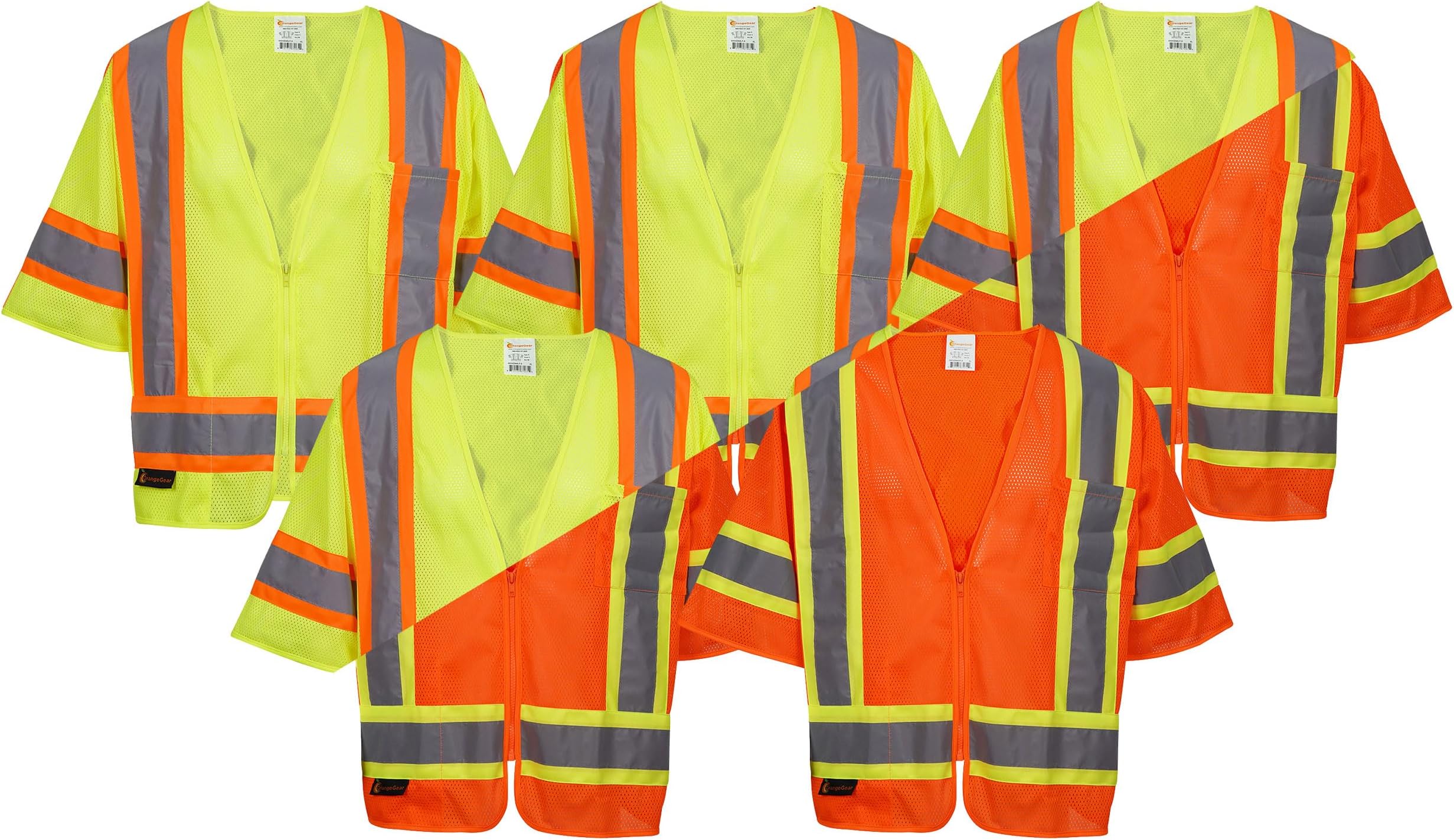 OrangeGear® Class 3 High Visibility Reflective Two Tone Stripes 2 Pocket Zippered Mesh Safety Vest (5 Pack)